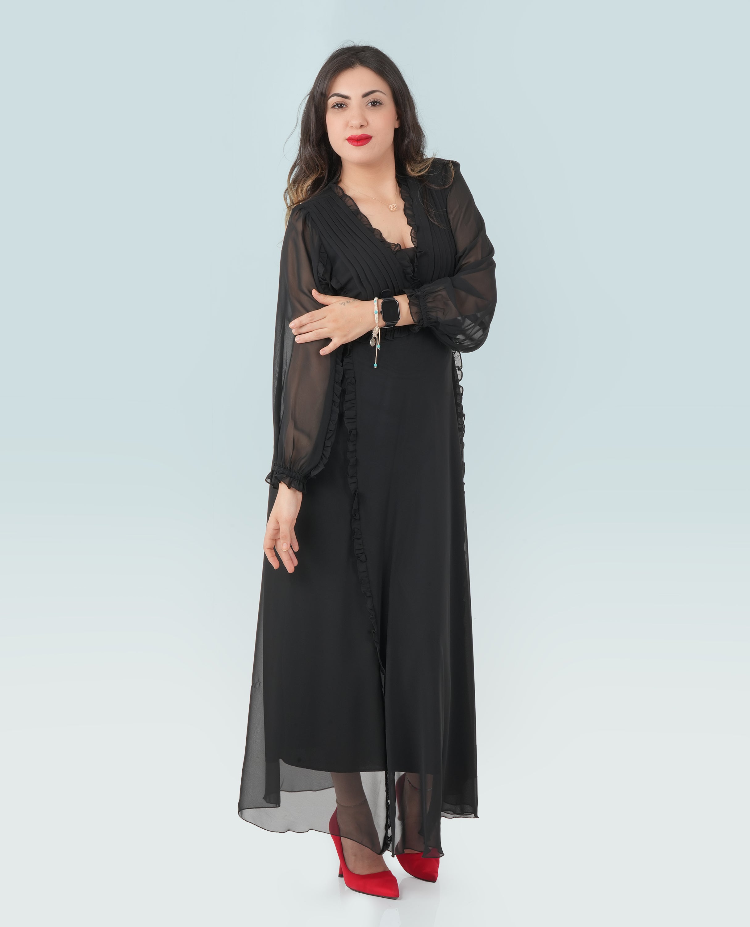 Elegant Black Chiffon Maxi Dress – Sheer Sleeves & Pleated Bodice