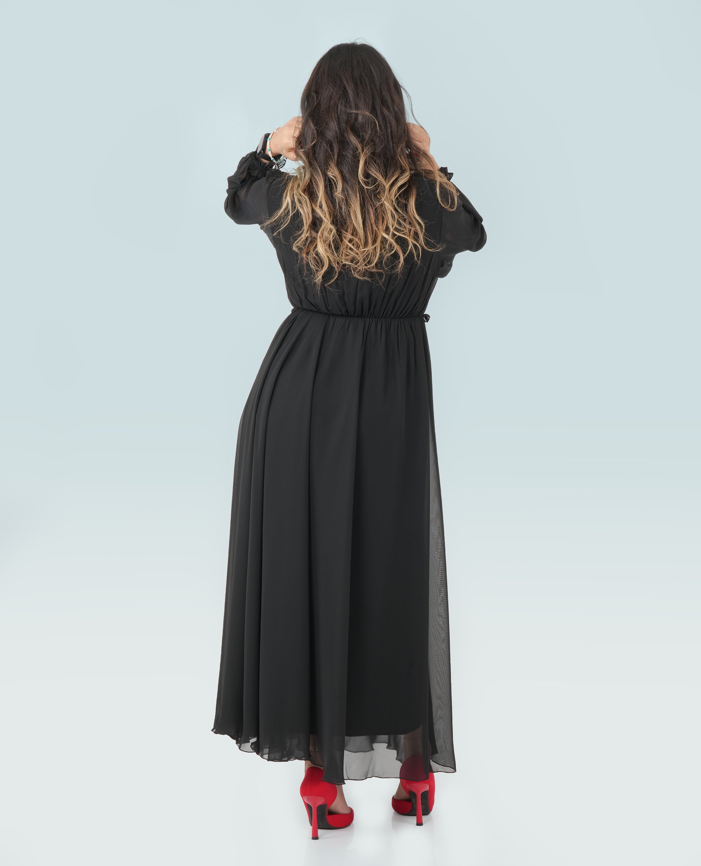 Elegant Black Chiffon Maxi Dress – Sheer Sleeves & Pleated Bodice