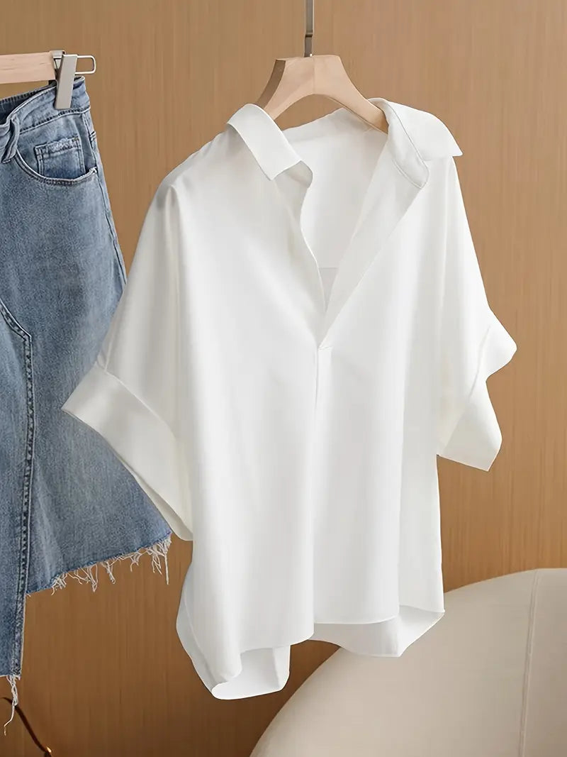 Women's Elegant Short Sleeve Blouse - Solid Color, Loose Fit, Collar Style