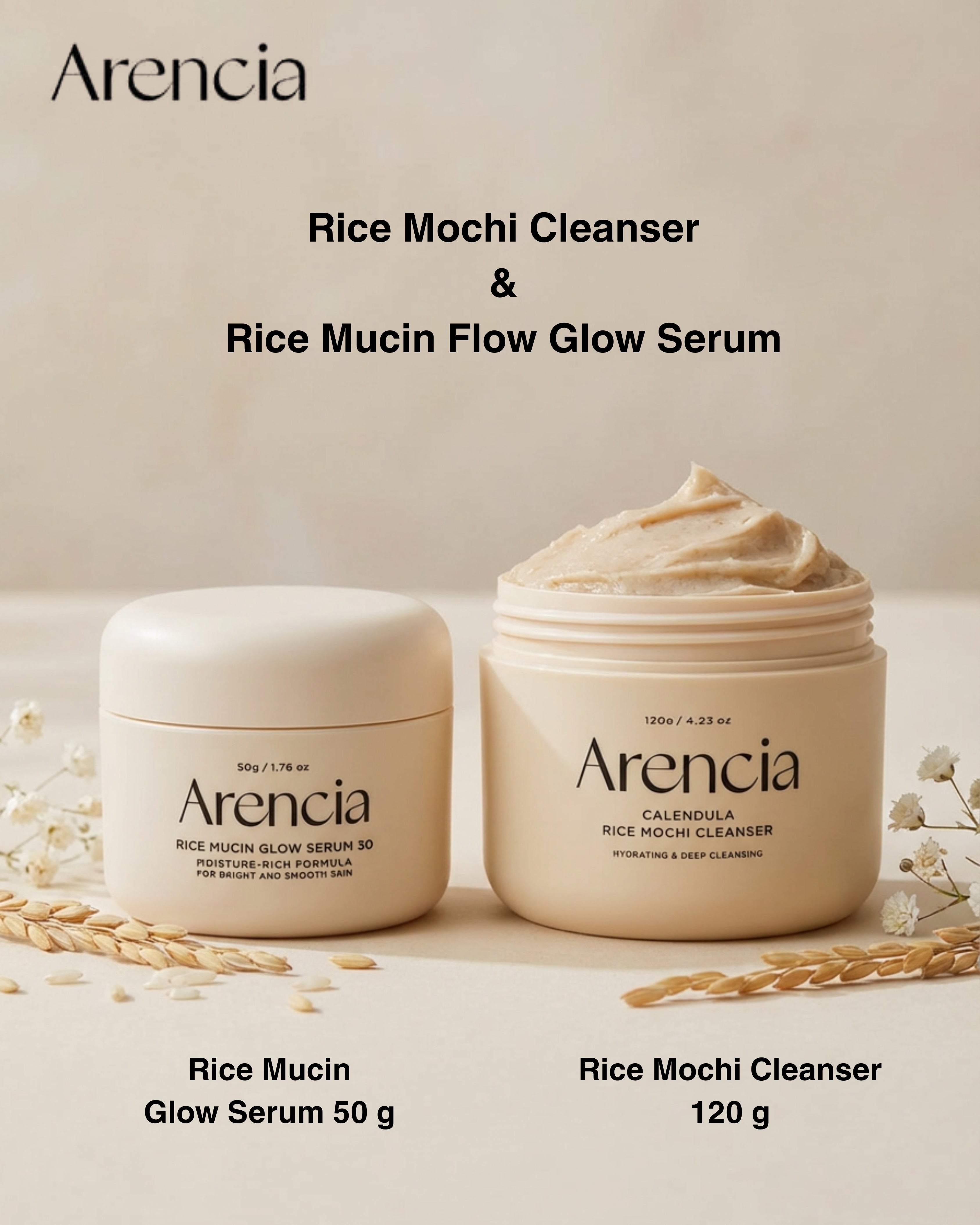 ARENCIA Rice Mochi Cleanser & Rice Mucin Flow Glow Serum