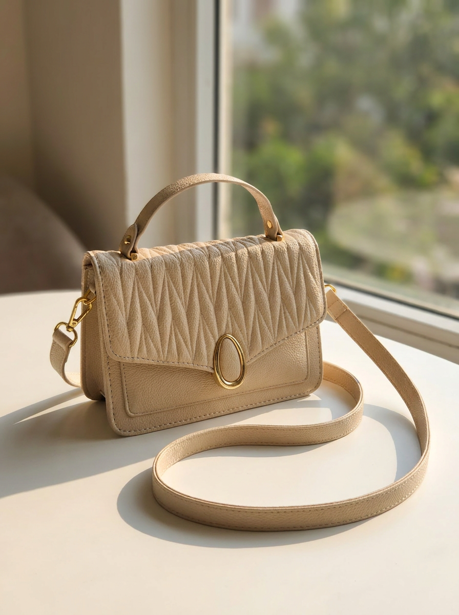 Elegant Beige Quilted Top Handle Handbag | Crossbody Satchel with Gold Hardware