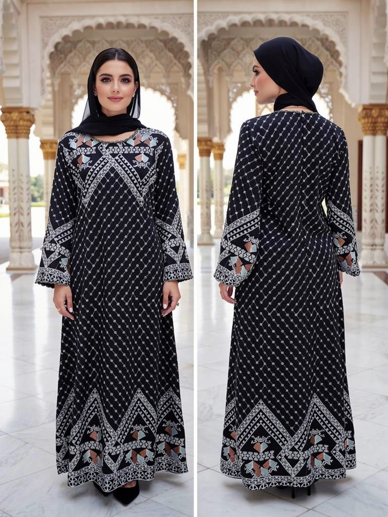 Black Arabic modest maxi dress for women with traditional geometric 