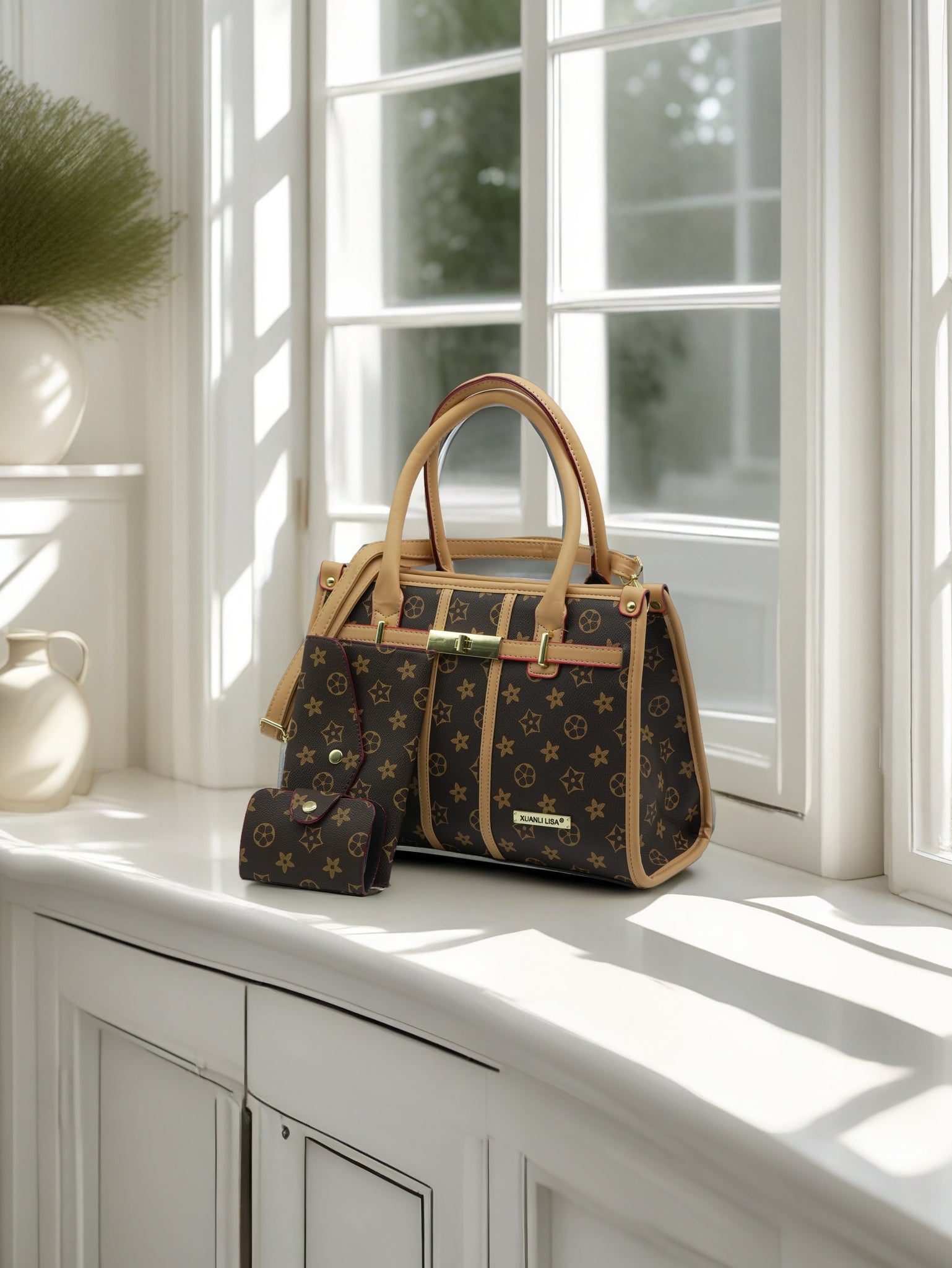 Women’s Designer-Inspired Monogram Tote Handbag with Gold Lock & Top Handles