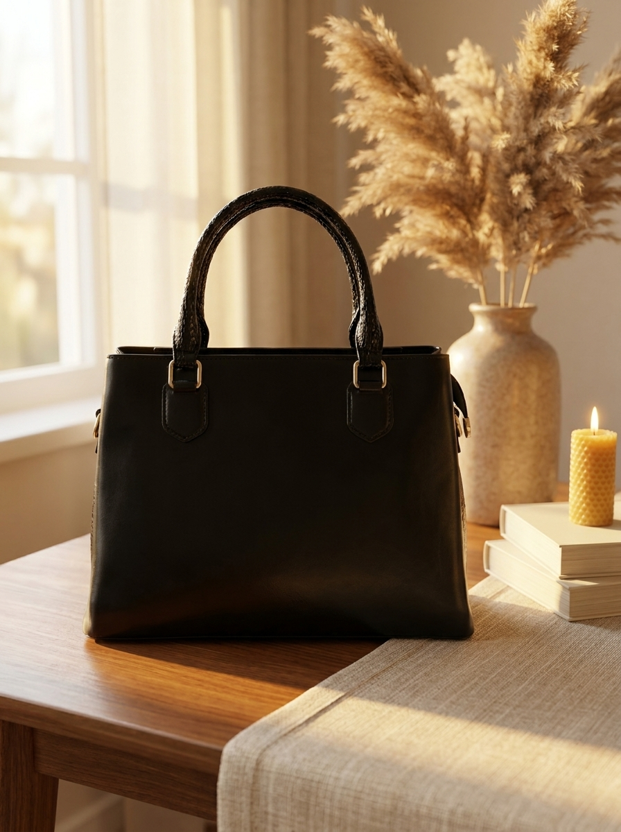 Black handbag on a wooden surface with a vase of dried plants and a candle in the background.