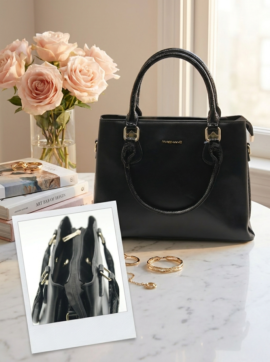 Black handbag on a marble surface with pink roses and books in the background
