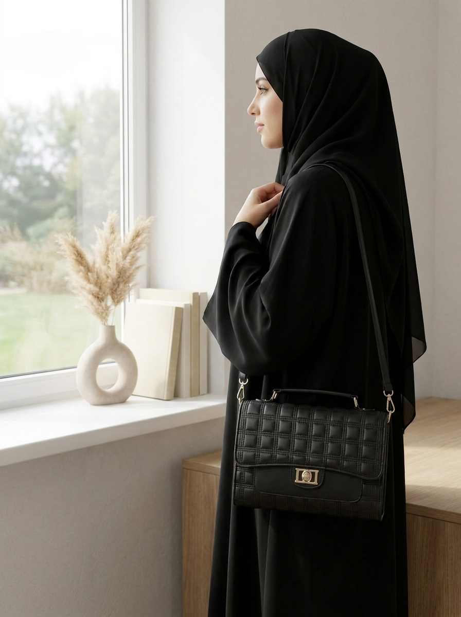 Woman in black hijab holding a black quilted handbag by a window