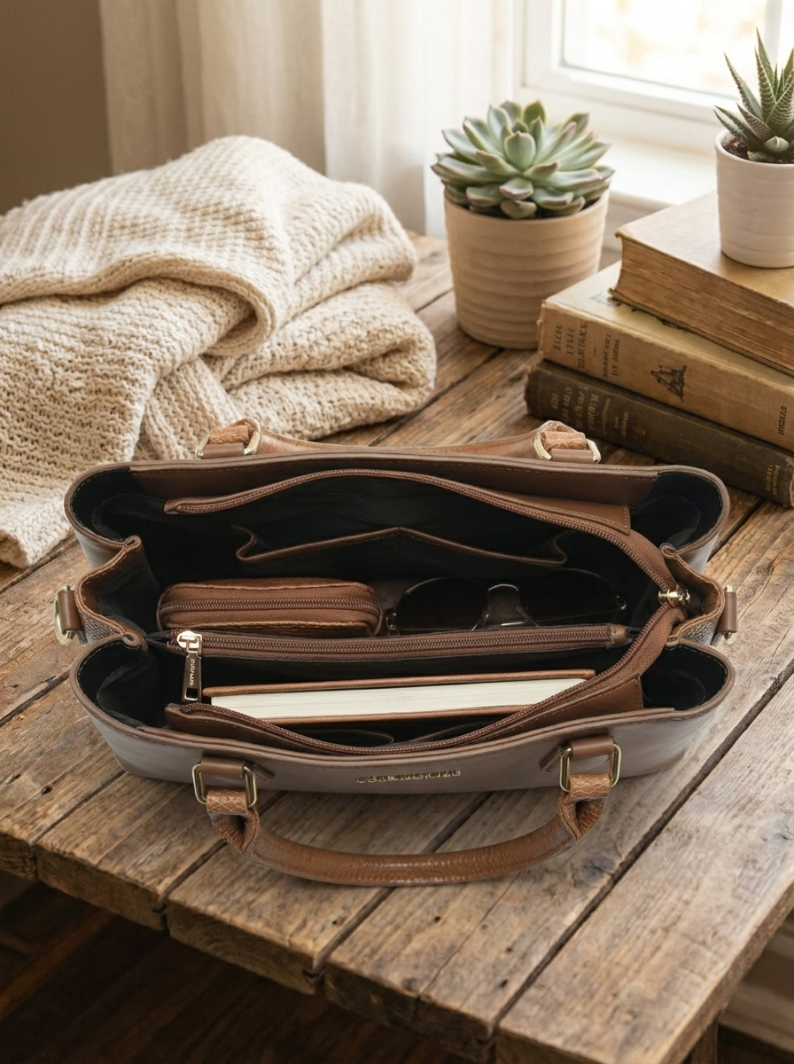 Women's Elegant Top Handle Satchel Bag - Multi-Compartment Crossbody Handbag