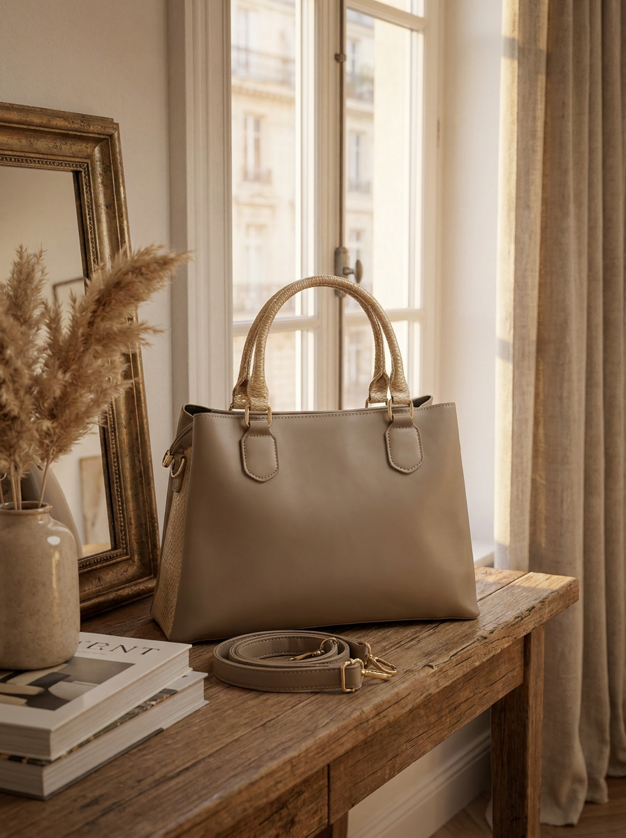 Beige handbag on a wooden surface with a mirror and books in the background