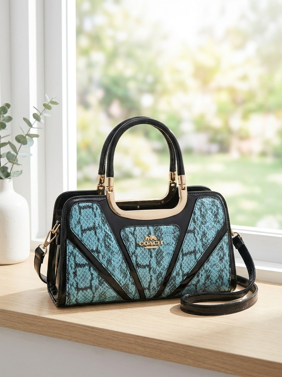 Blue patterned handbag on a wooden surface with a blurred green outdoor background