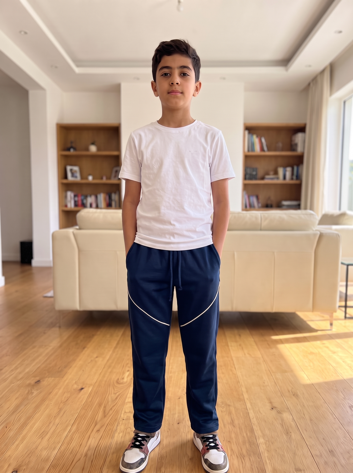 A young boy standing in a bright living room, wearing a white crewneck t-shirt and navy blue sweatpants with white diagonal stripe details on the thighs.