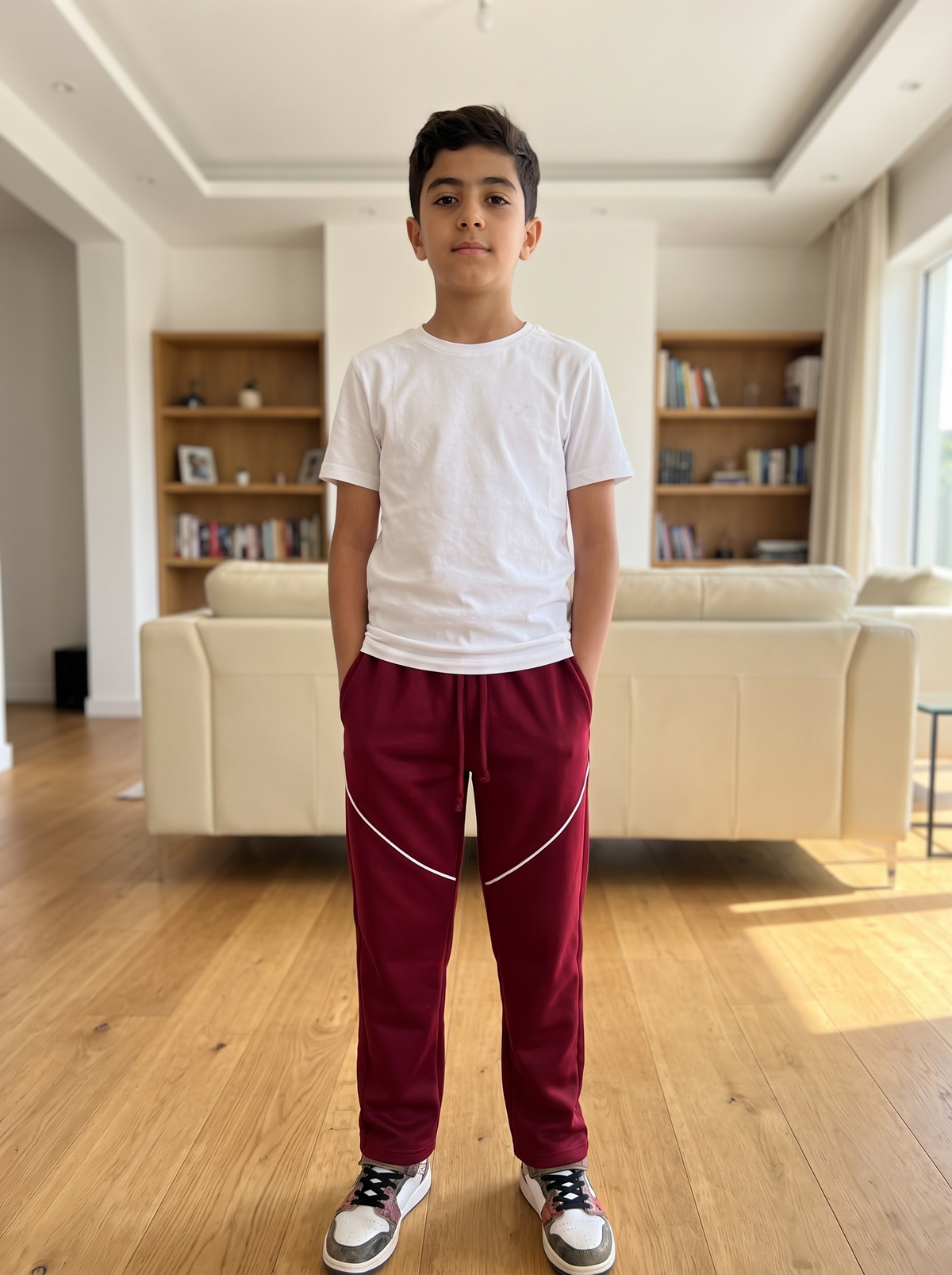 A young boy stands in a bright living room wearing a white crewneck t-shirt and maroon sweatpants with white diagonal stripes, paired with white sneakers.