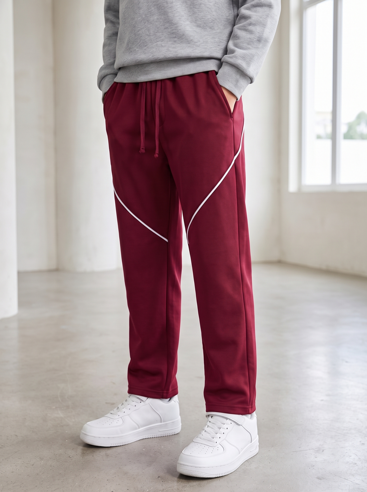 A person wearing burgundy drawstring sweatpants with white diagonal piping details, styled with a gray sweatshirt and white sneakers in a bright, modern indoor setting.