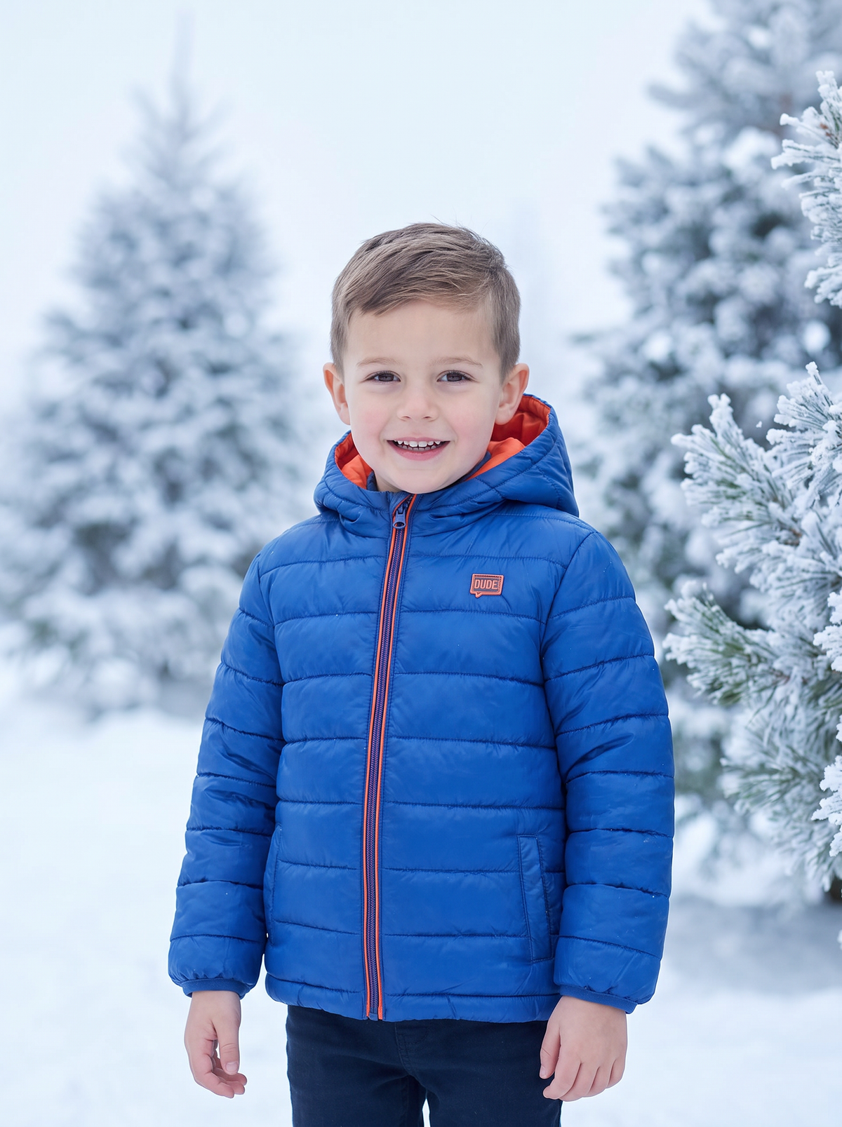 A young boy smiling in a snowy outdoor setting, wearing a bright blue hooded puffer jacket with a red-orange lining and a red front zipper.