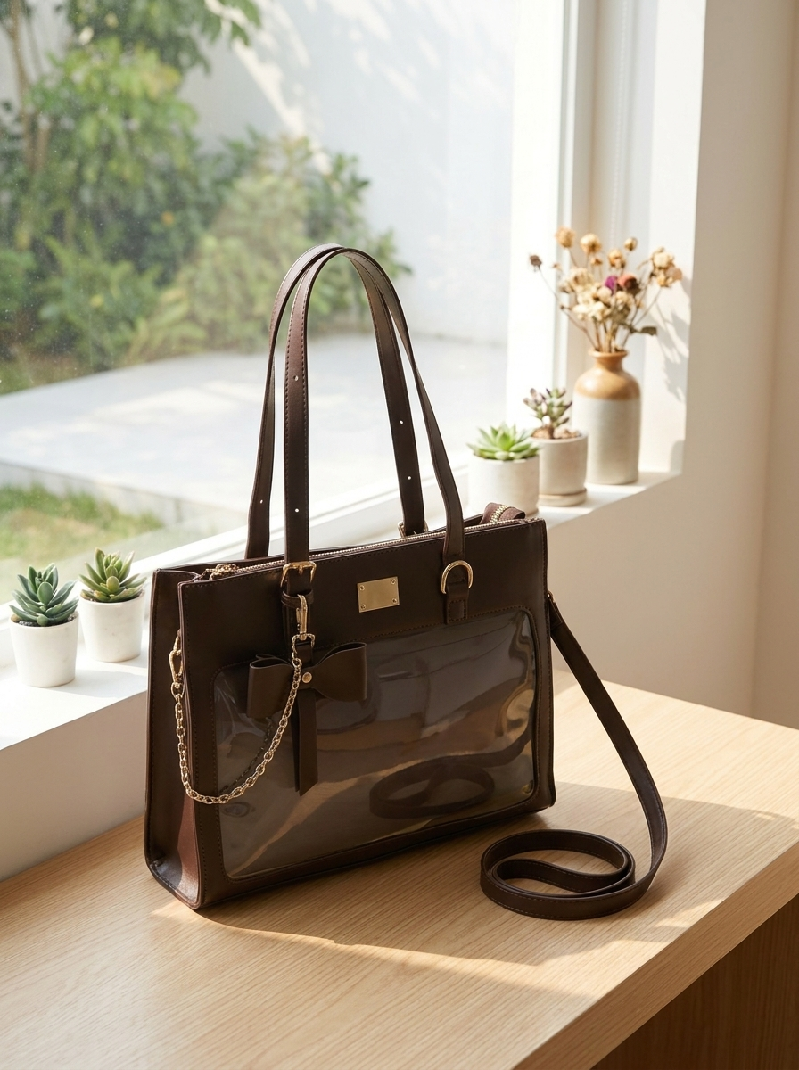 Brown handbag on a wooden surface with a window and plants in the background