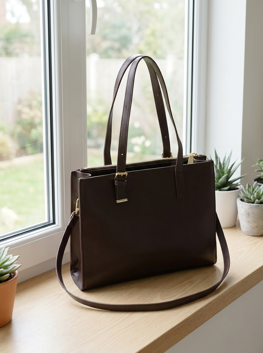Brown leather handbag on a windowsill with plants in the background