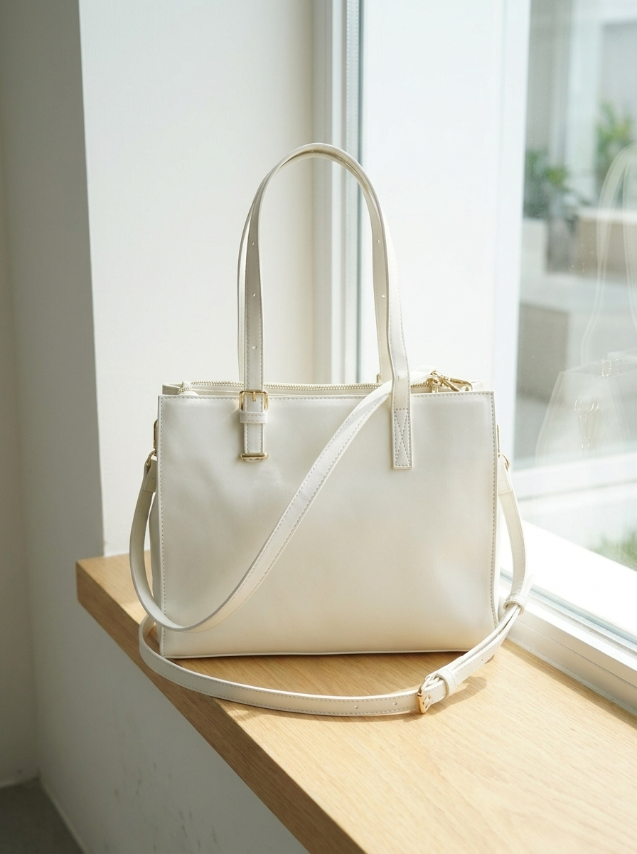 White handbag on a wooden surface with a window in the background