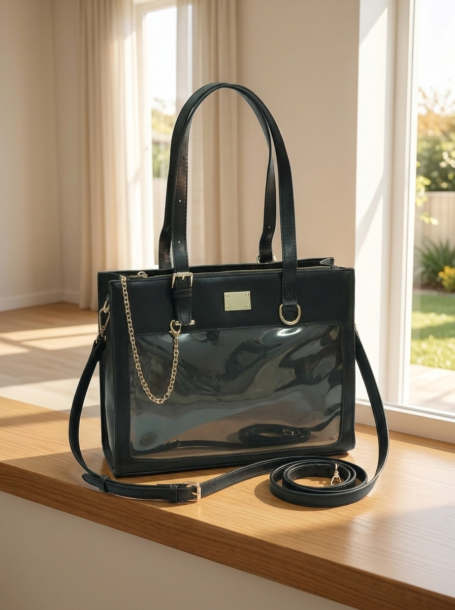 Black handbag with a chain detail on a wooden surface near a window.