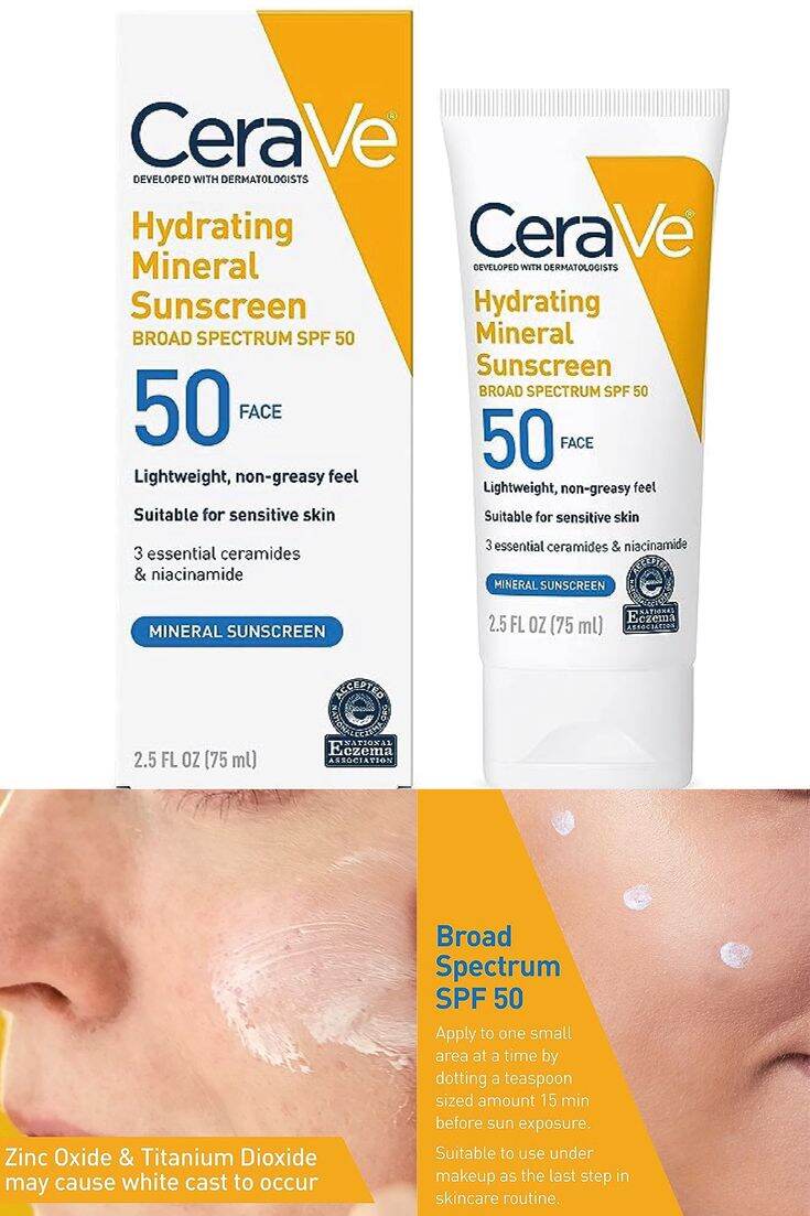 CeraVe Hydrating Mineral Sunscreen SPF 50 Face cream shown with its retail box and squeeze tube, plus a close-up of a cheek with sunscreen droplets and a yellow informational panel.