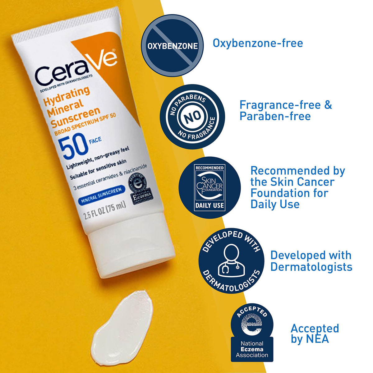 CeraVe hydrating mineral sunscreen tube on a yellow background with product features highlighted.