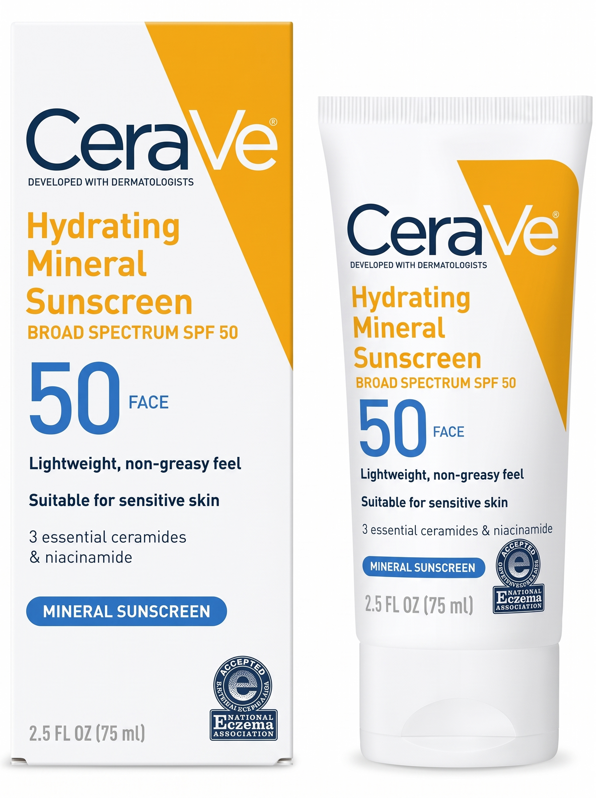 CeraVe Hydrating Mineral Sunscreen SPF 50 face sunscreen shown as a white squeeze tube next to its matching white and orange retail box on a plain white background.
