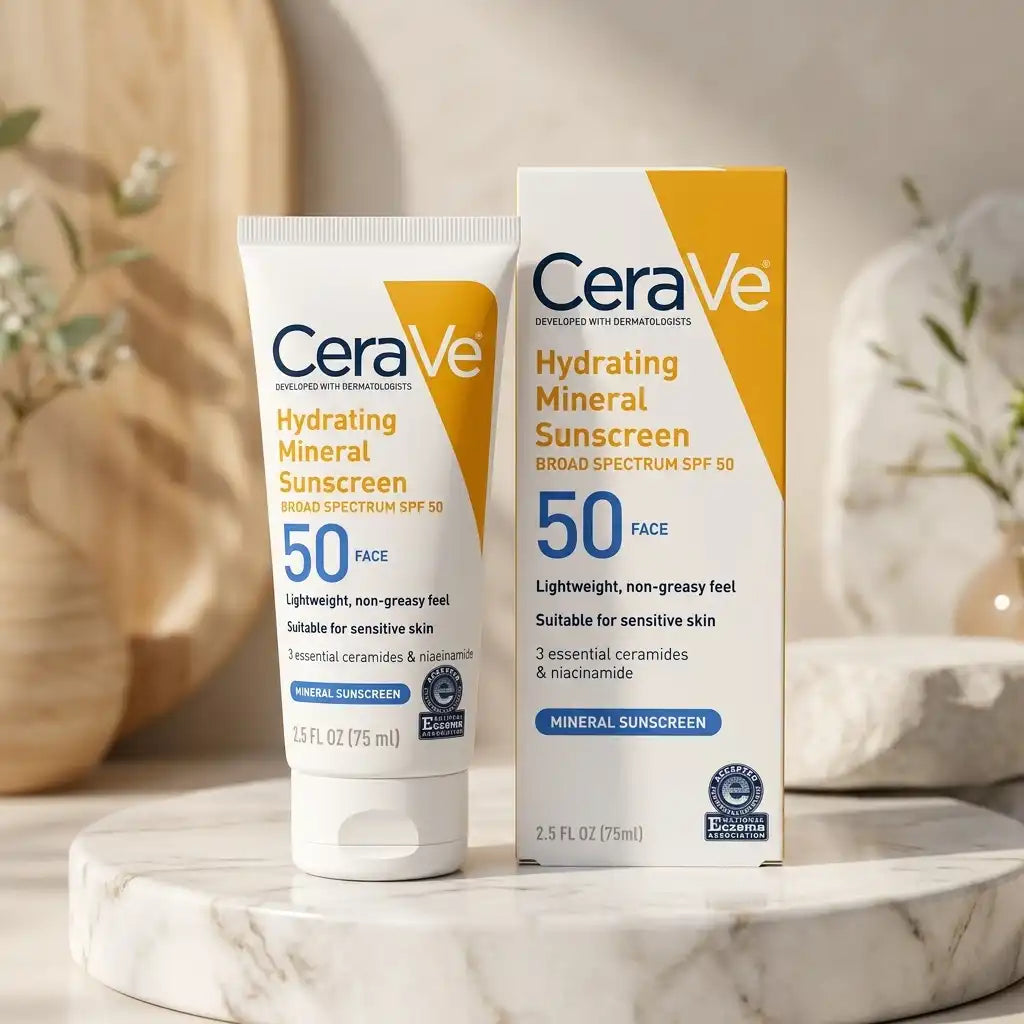 CeraVe Hydrating Mineral Sunscreen SPF 50 Face tube and matching box displayed on a white marble surface with a softly blurred indoor background.