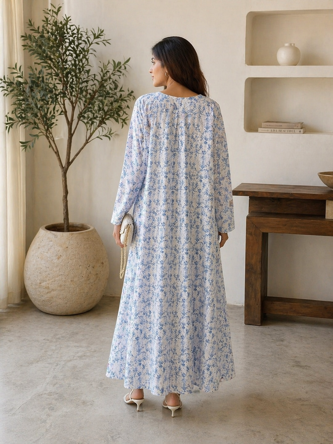 Floral V-Neck Maxi Kaftan Dress - Floral Print