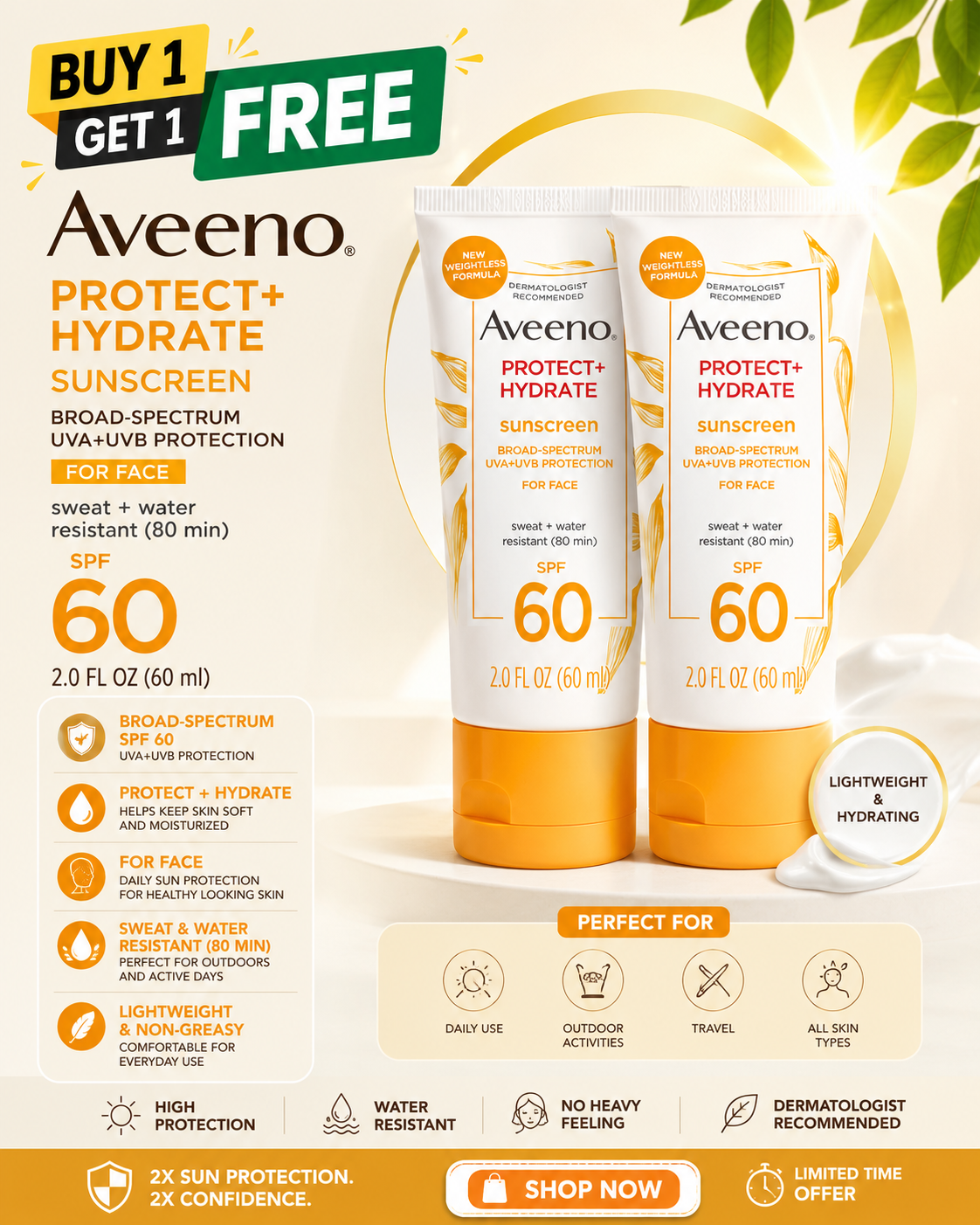 Aveeno Protect + Hydrate Sunscreen SPF 60 – 60ml | Buy 1 Get 1 Free Bundle