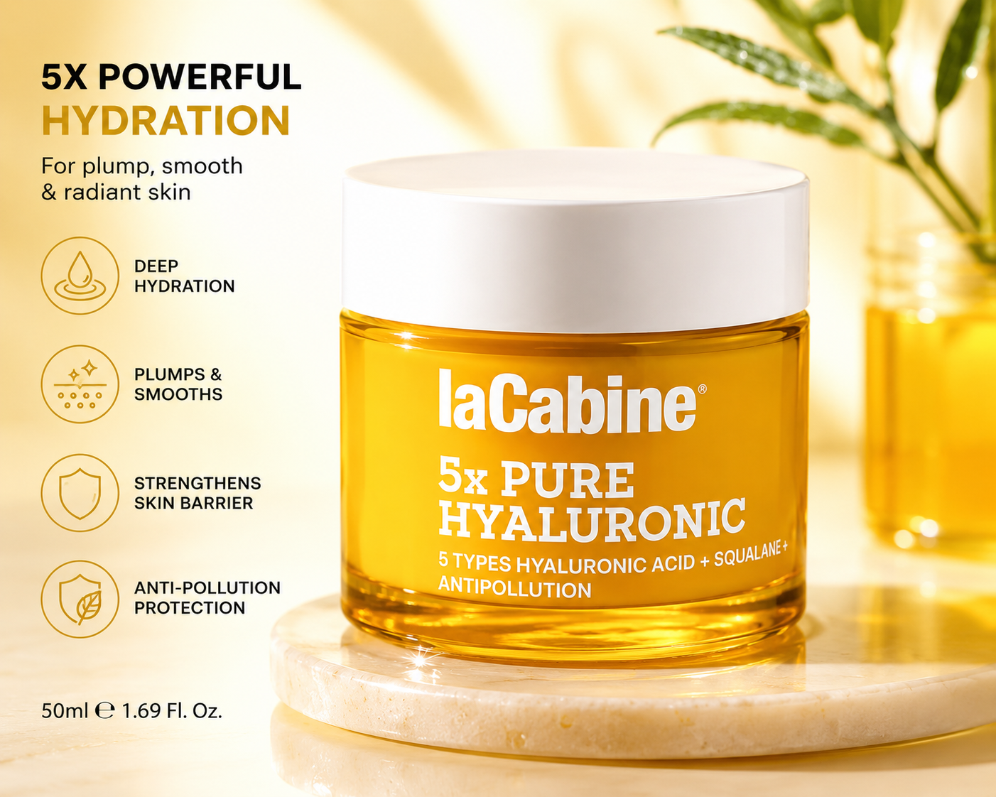 LaCabine 5x Pure Hyaluronic Cream 50ml – Deep Hydration Face Cream with Squalane & Anti-Pollution Care
