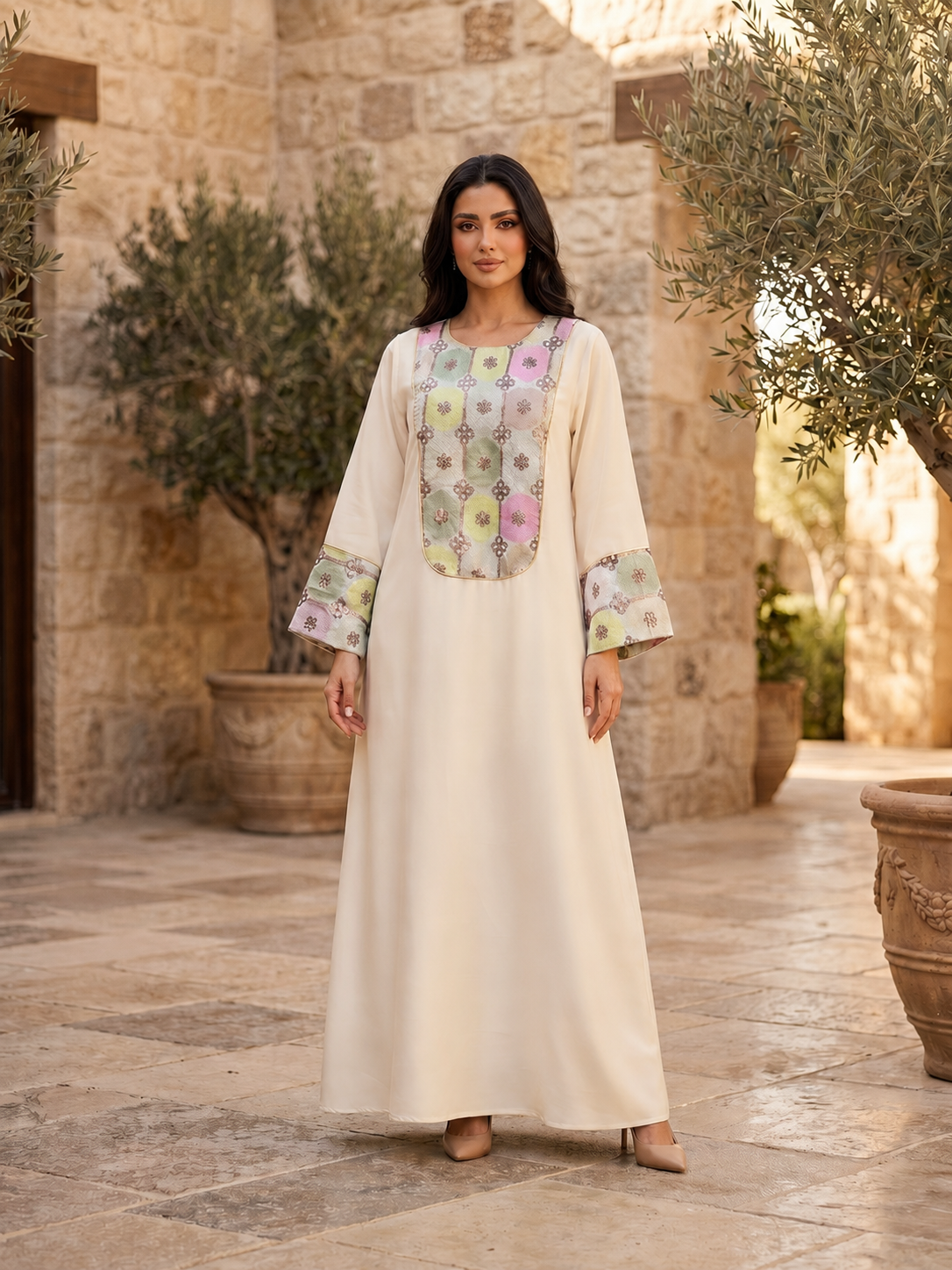 جلابية فاخرة بلوحة صدر جاكار متعددة الألوان وتطريز زهور | قفطان ماكسي محتشم للأعياد والمناسبات الربيعية