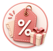 Pink gift tag with percentage symbol and present icon on a circular pink border