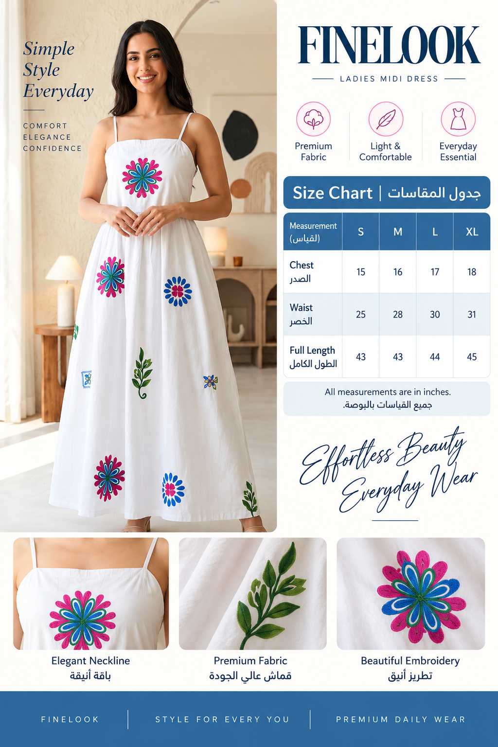 Women’s White Cotton Embroidered Cami Maxi Dress – Sleeveless Floral Detailed Summer Sundress