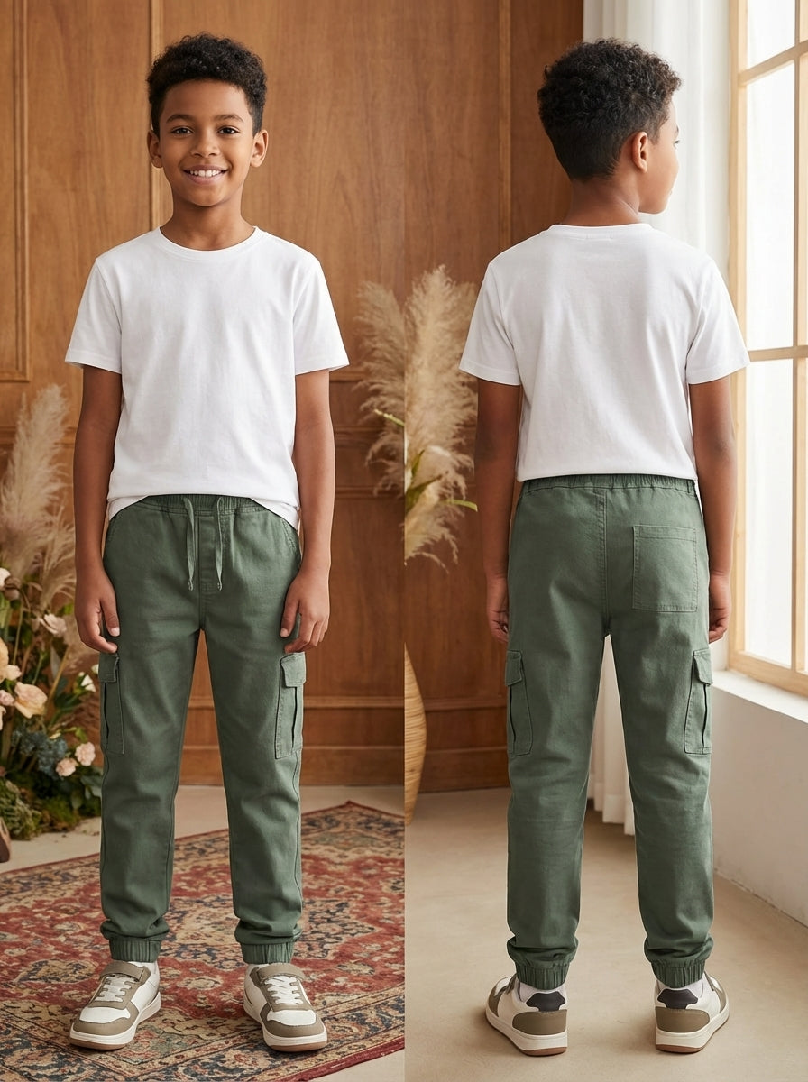 بنطال رياضي للأولاد بأربطة قابلة للتعديل وجيوب متعددة - لون أخضر