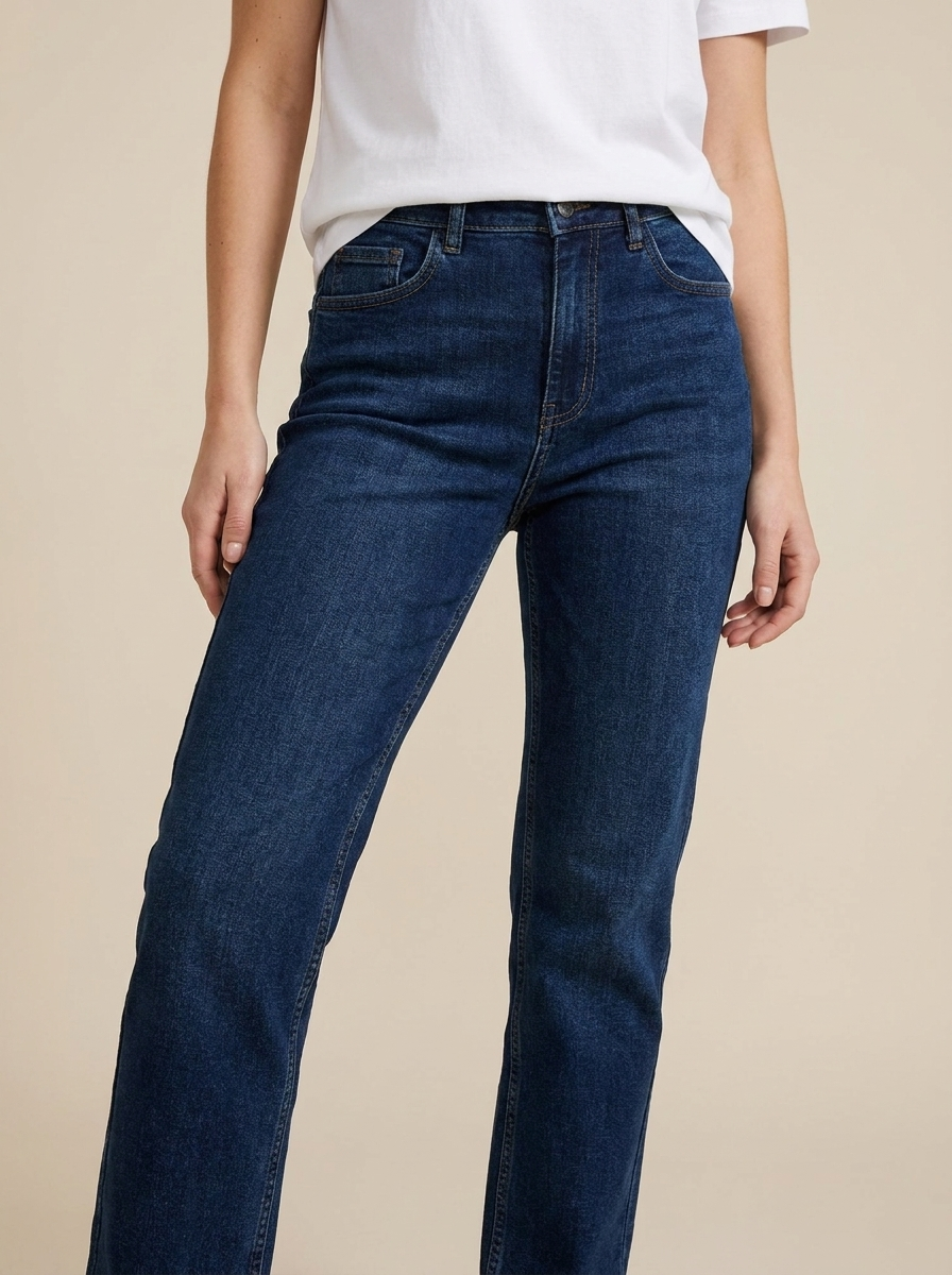 Person wearing blue jeans and a white shirt on a beige background