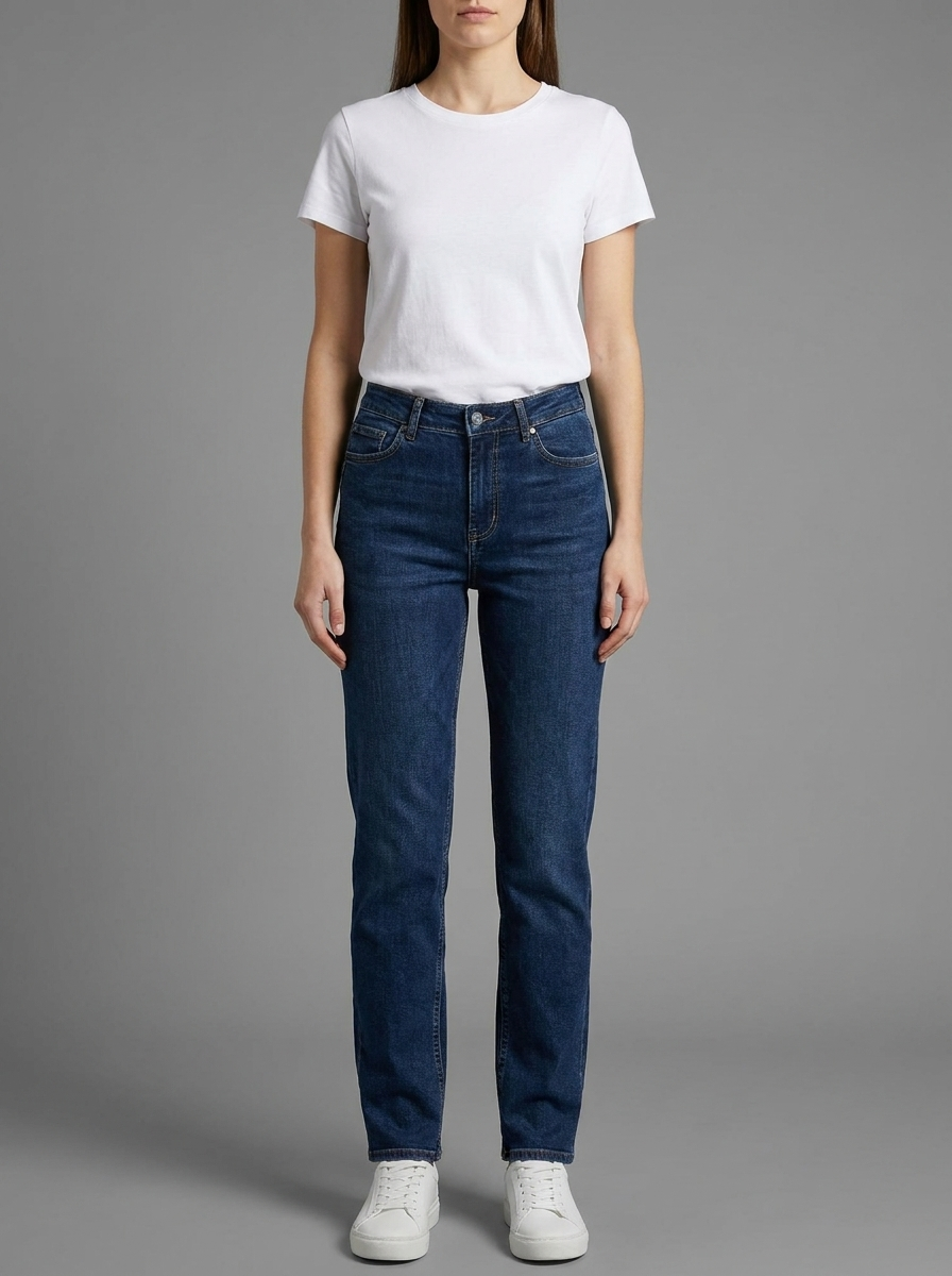 Person wearing a white t-shirt and blue jeans on a gray background