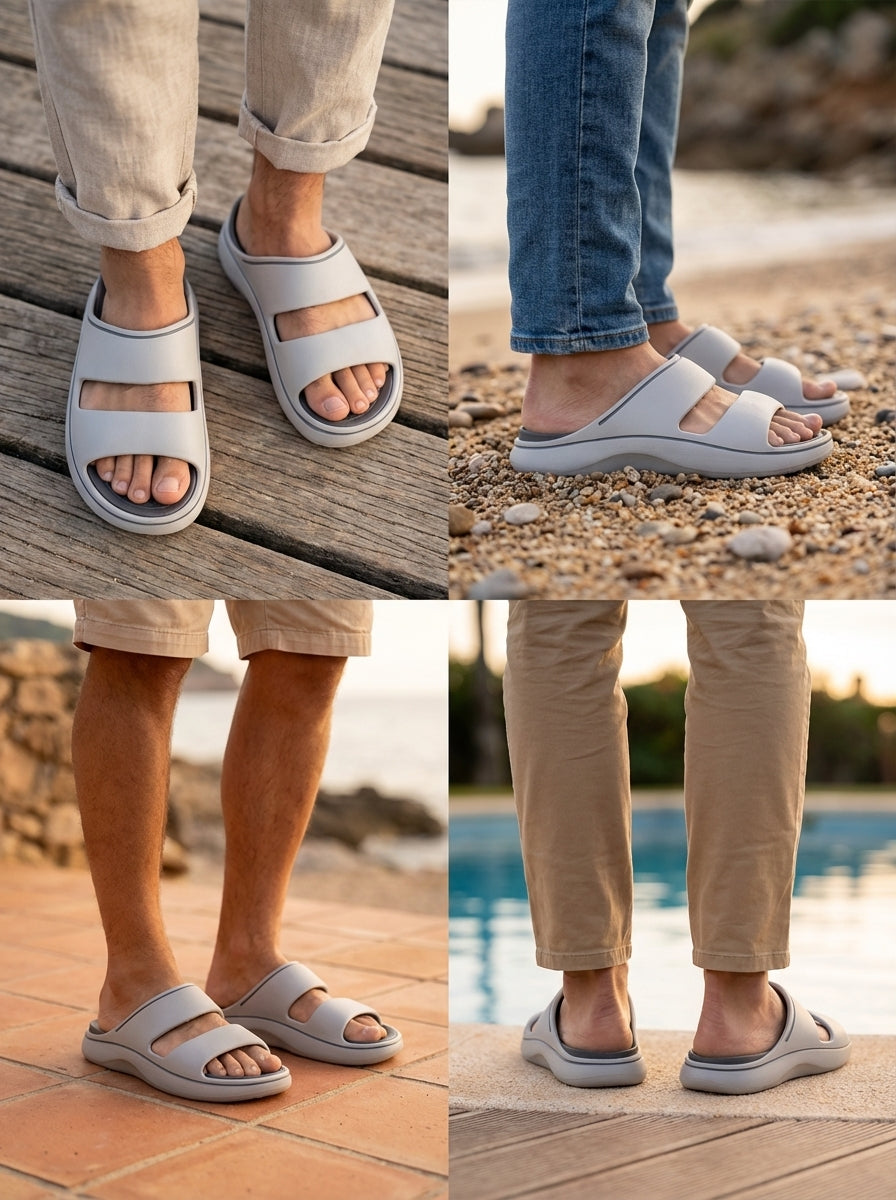 Collage of people wearing gray sandals on various surfaces.