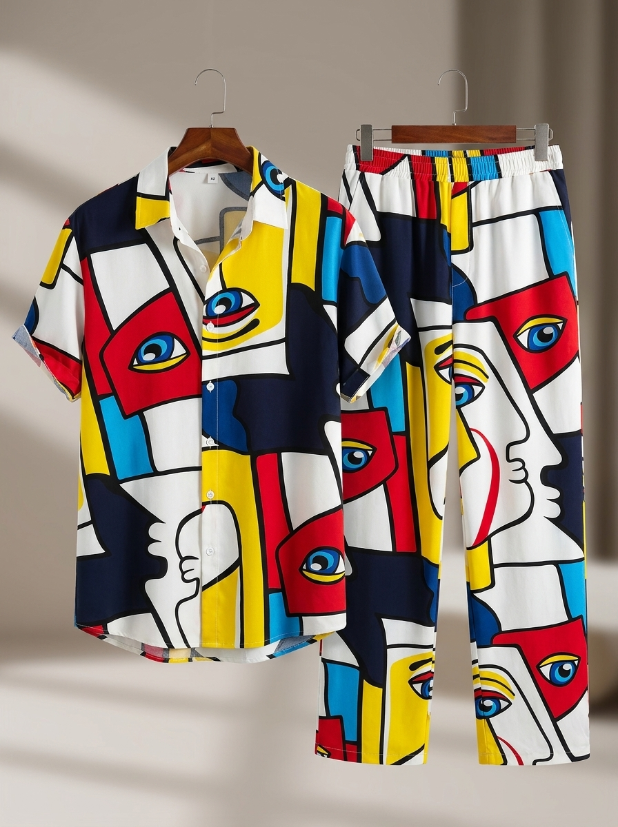 Colorful shirt and pants set with abstract face design on hangers against a neutral background