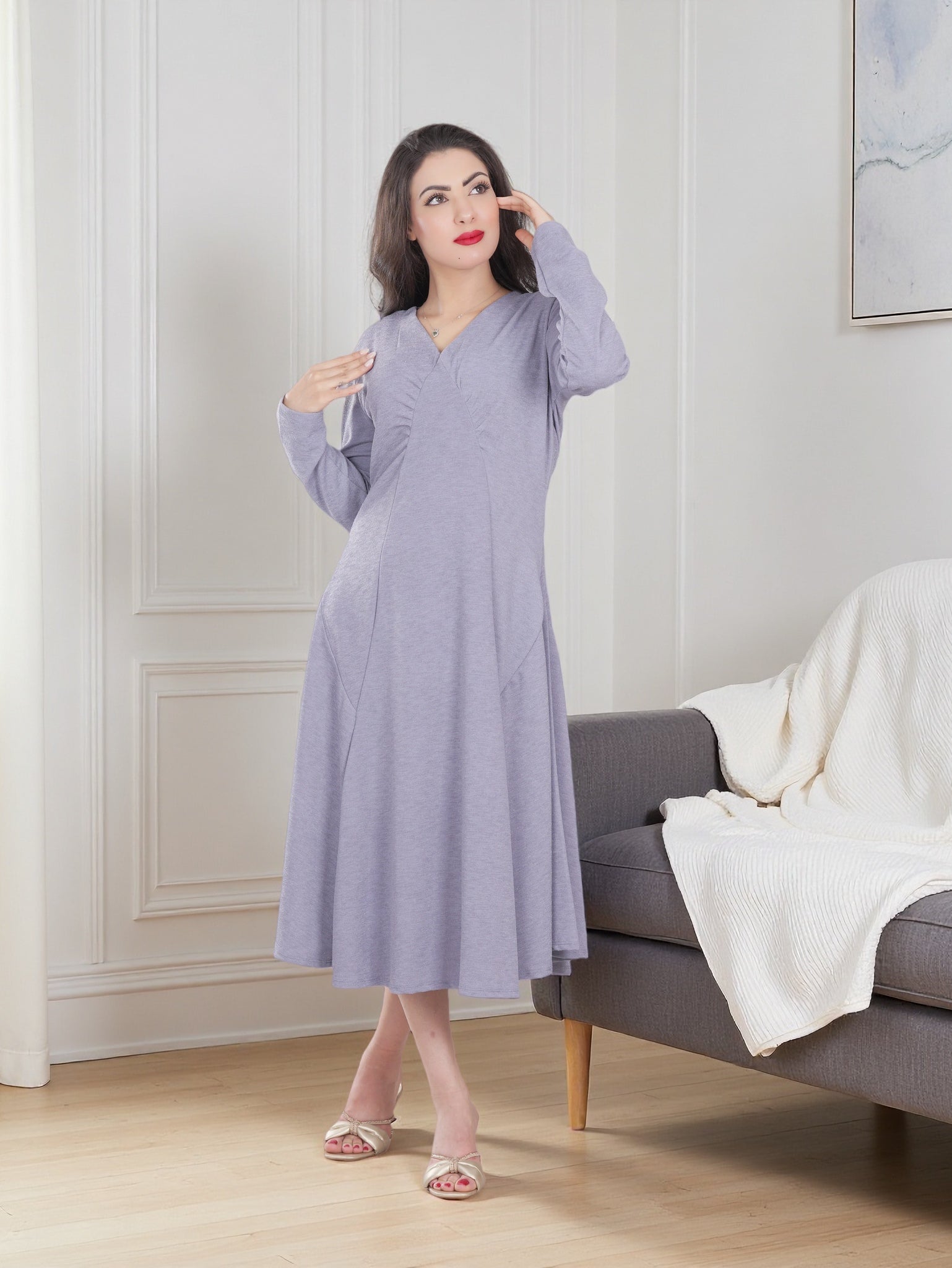 Elegant Long Sleeve A-Line Midi Dress for Women – Soft Stretch Fabric | Casual & Modest Style