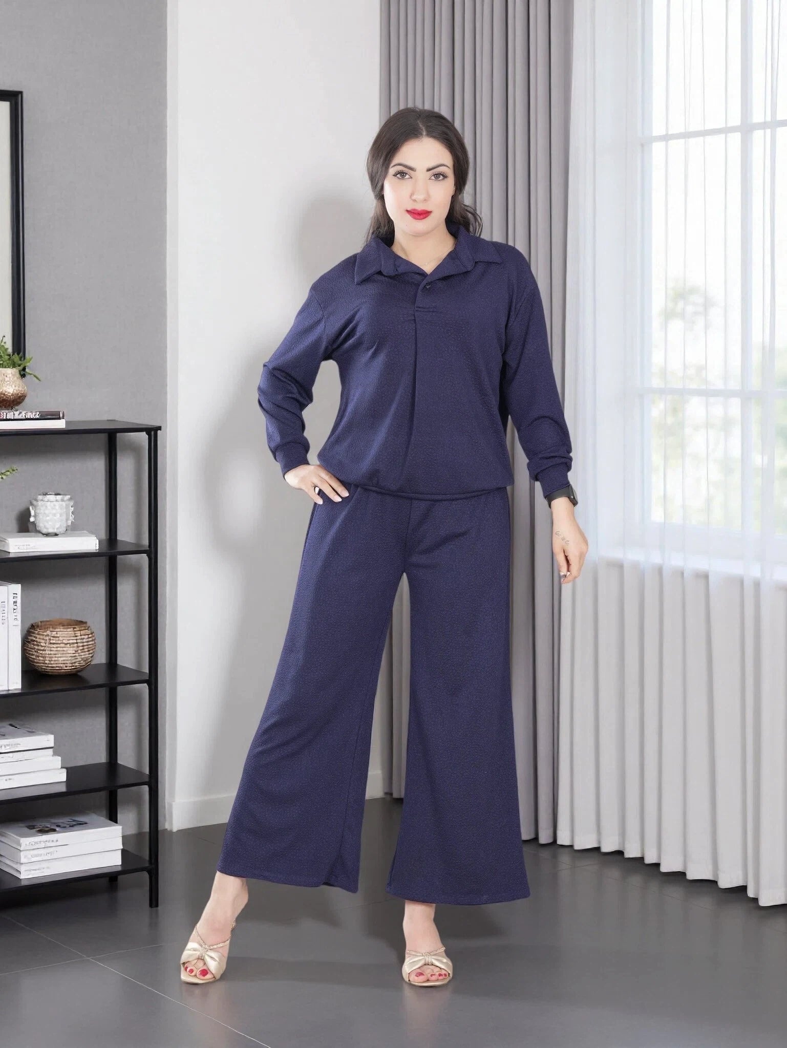 Women’s Soft Lounge Set – Collared Long Sleeve Top & Wide Leg Pants