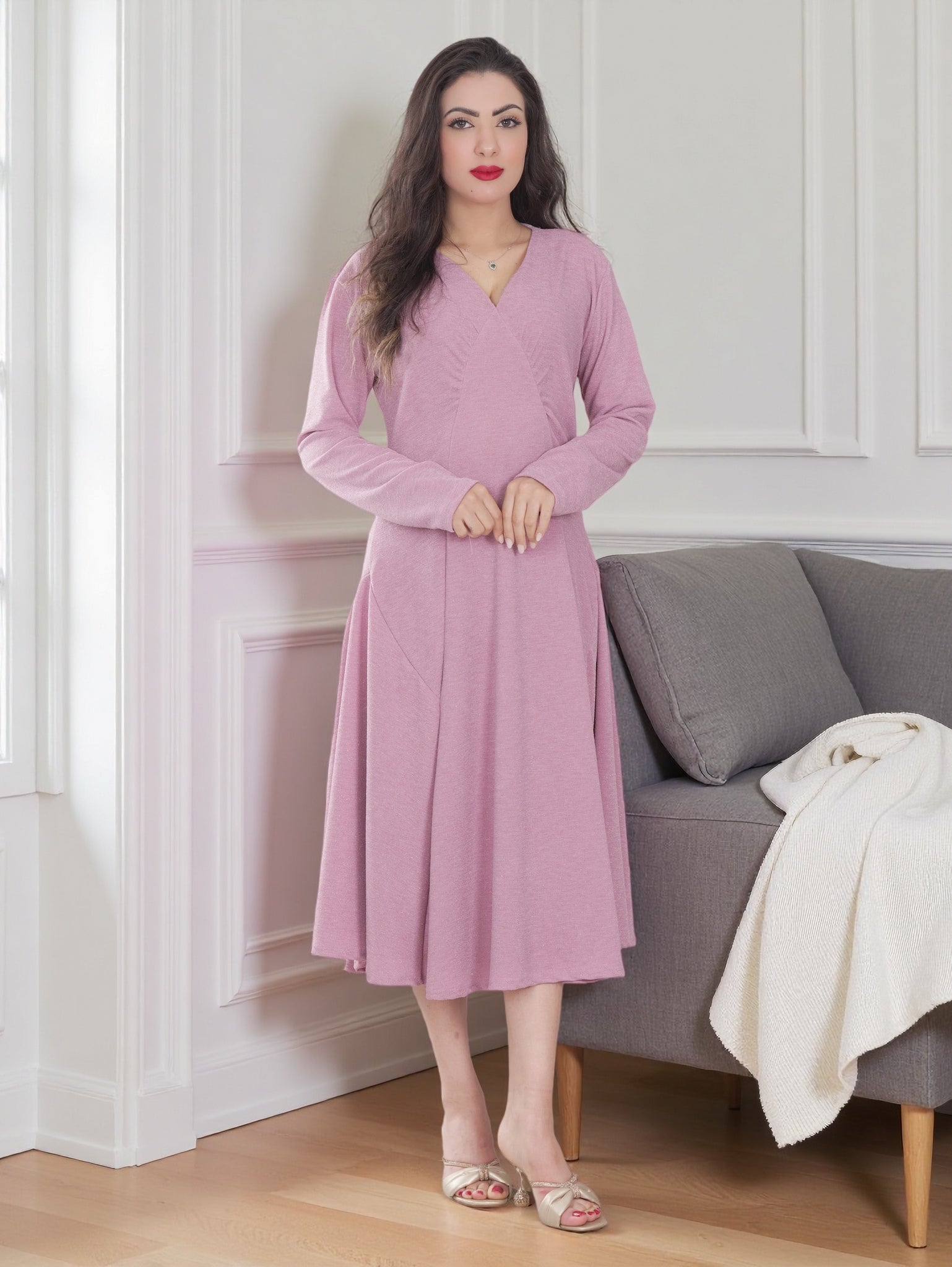 Elegant Long Sleeve A-Line Midi Dress for Women – Soft Stretch Fabric | Casual & Modest Style