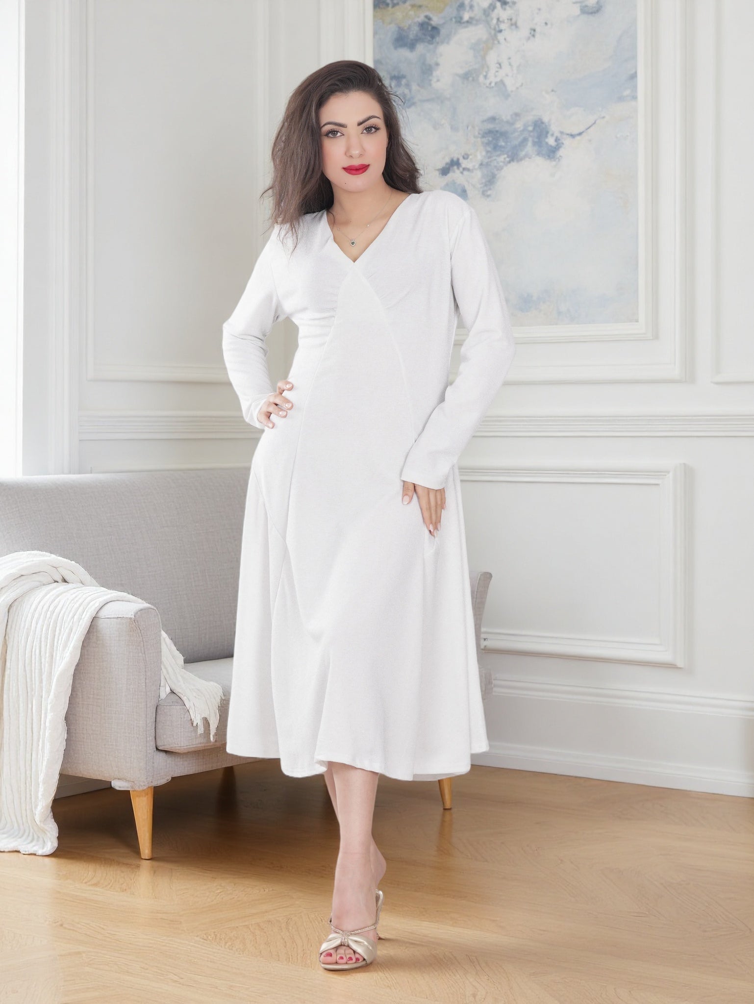 Elegant Long Sleeve A-Line Midi Dress for Women – Soft Stretch Fabric | Casual & Modest Style