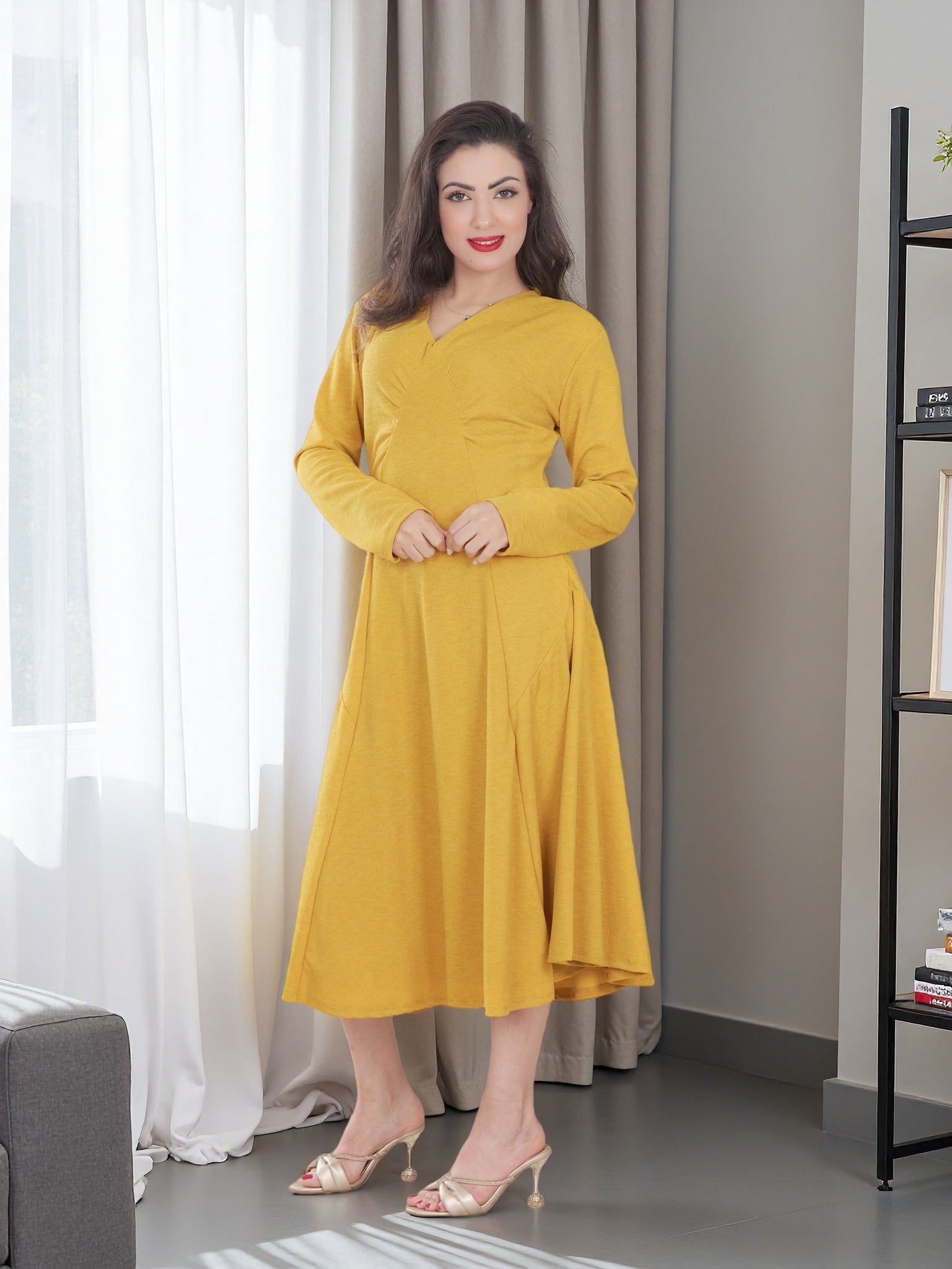Elegant Long Sleeve A-Line Midi Dress for Women – Soft Stretch Fabric | Casual & Modest Style