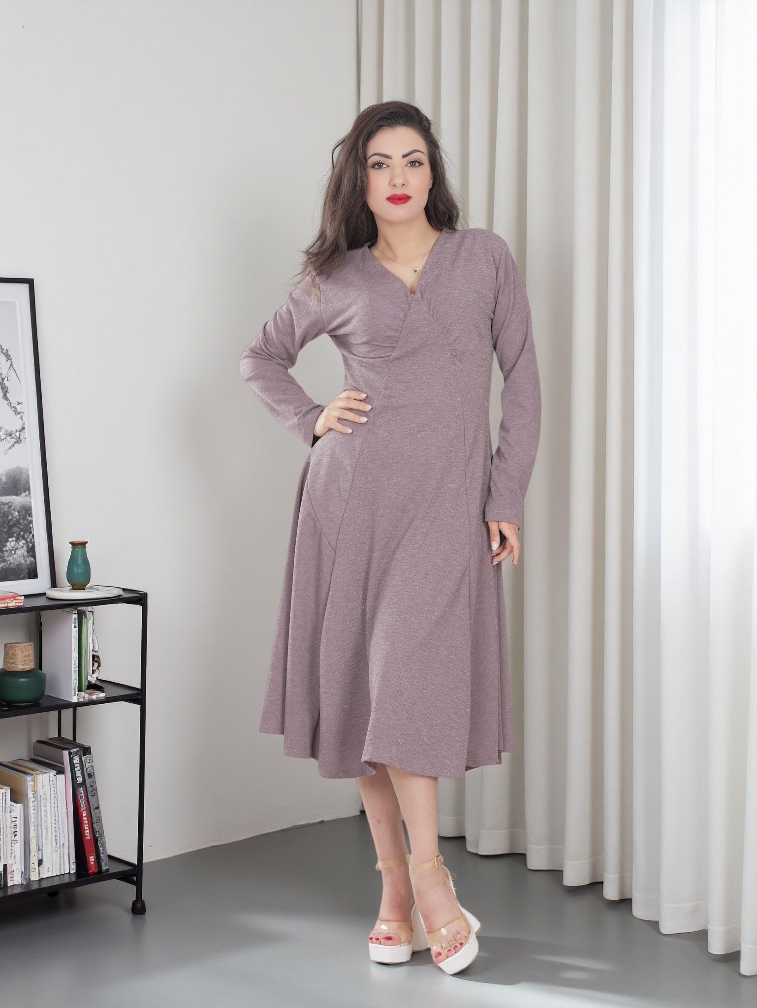 Elegant Long Sleeve A-Line Midi Dress for Women – Soft Stretch Fabric | Casual & Modest Style