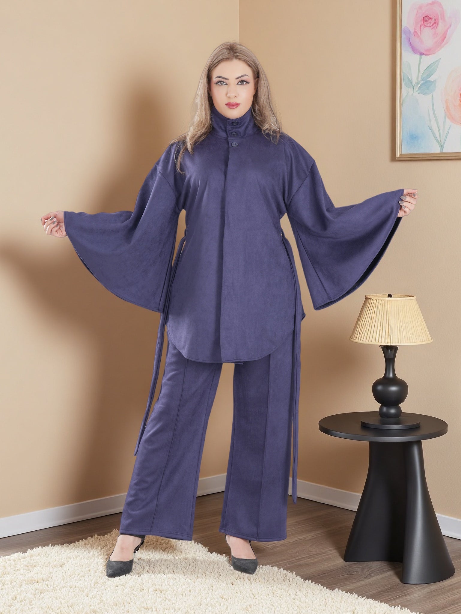 Modern Modest Suede Set for Women — High Neck Belted Abaya Style