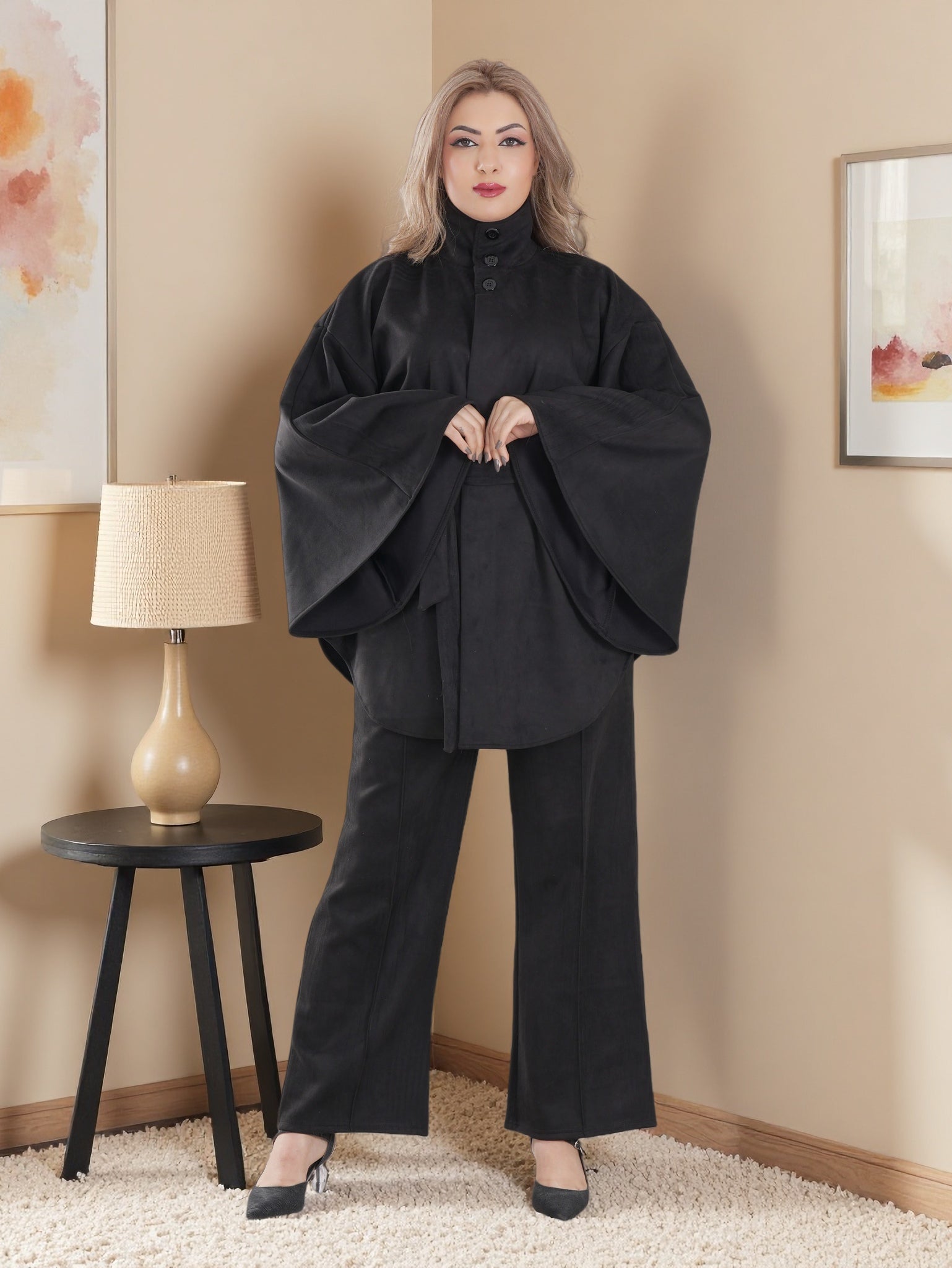 Modern Modest Suede Set for Women — High Neck Belted Abaya Style