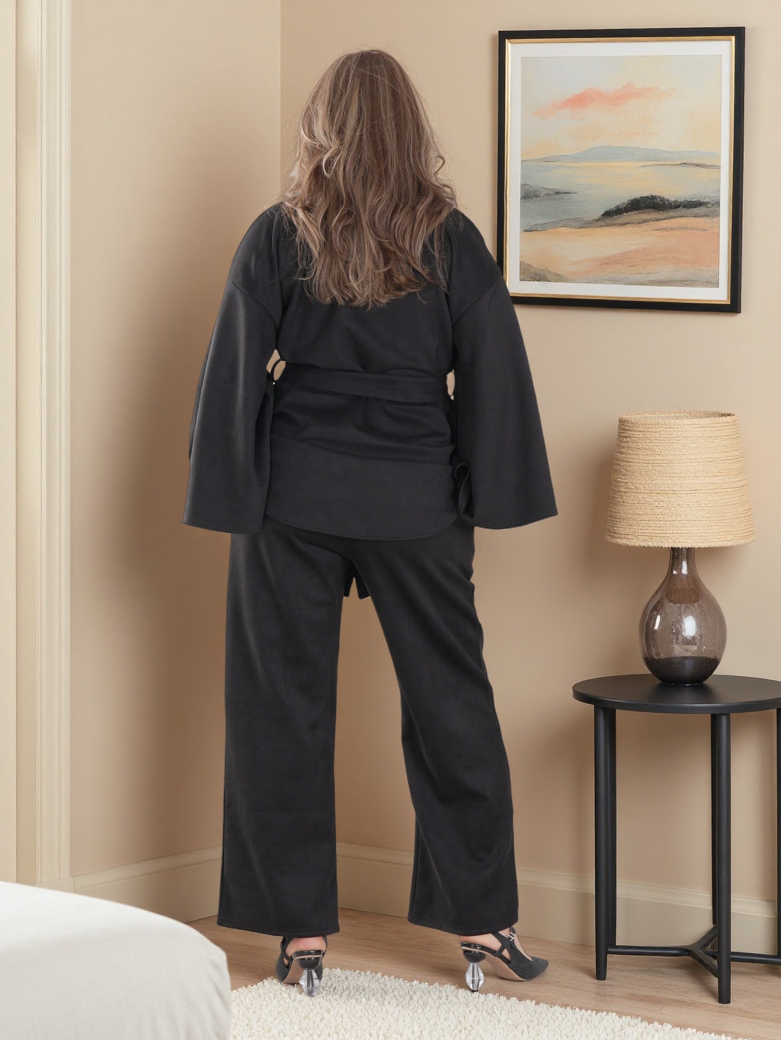 Modern Modest Suede Set for Women — High Neck Belted Abaya Style