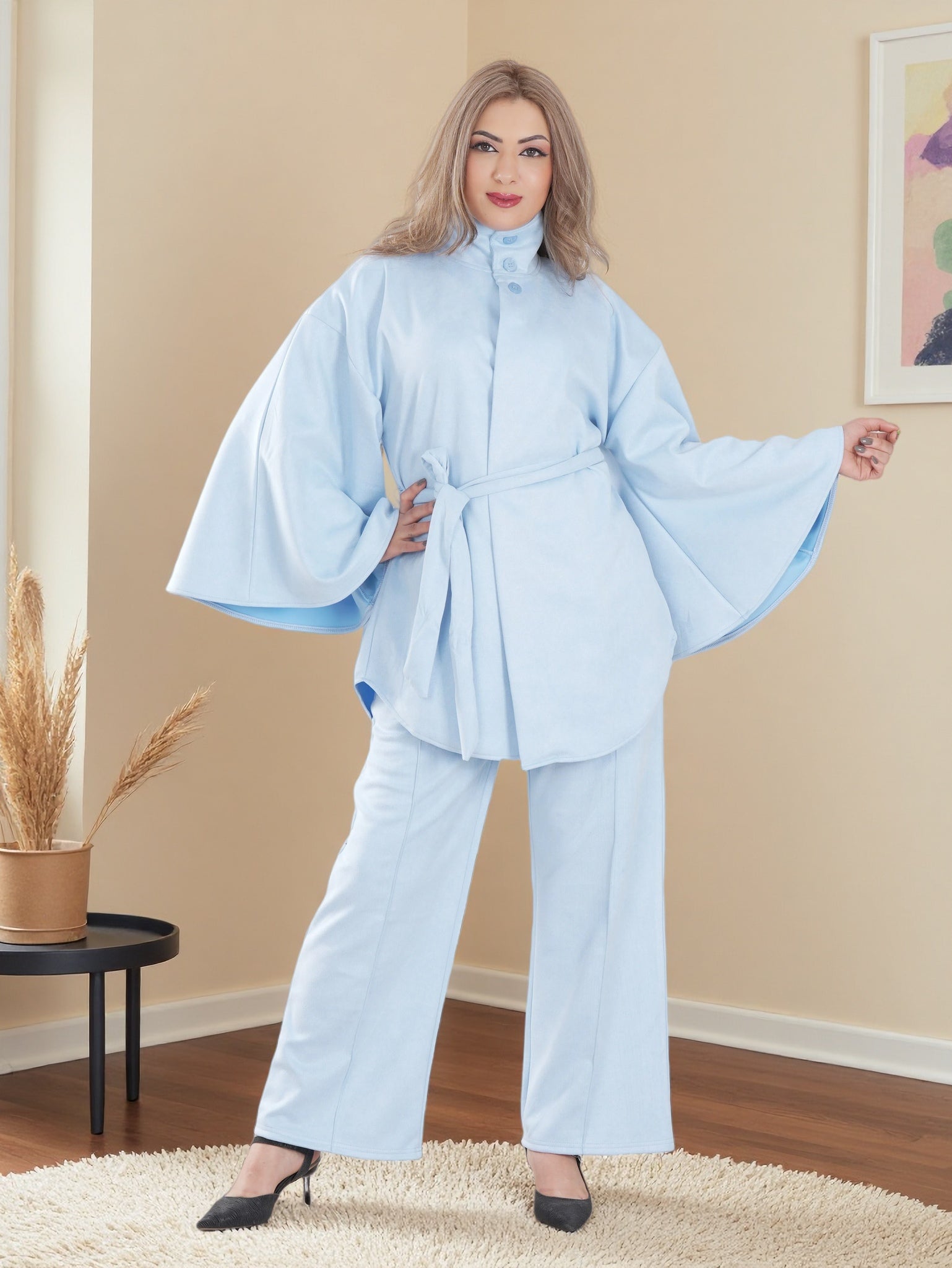 Modern Modest Suede Set for Women — High Neck Belted Abaya Style