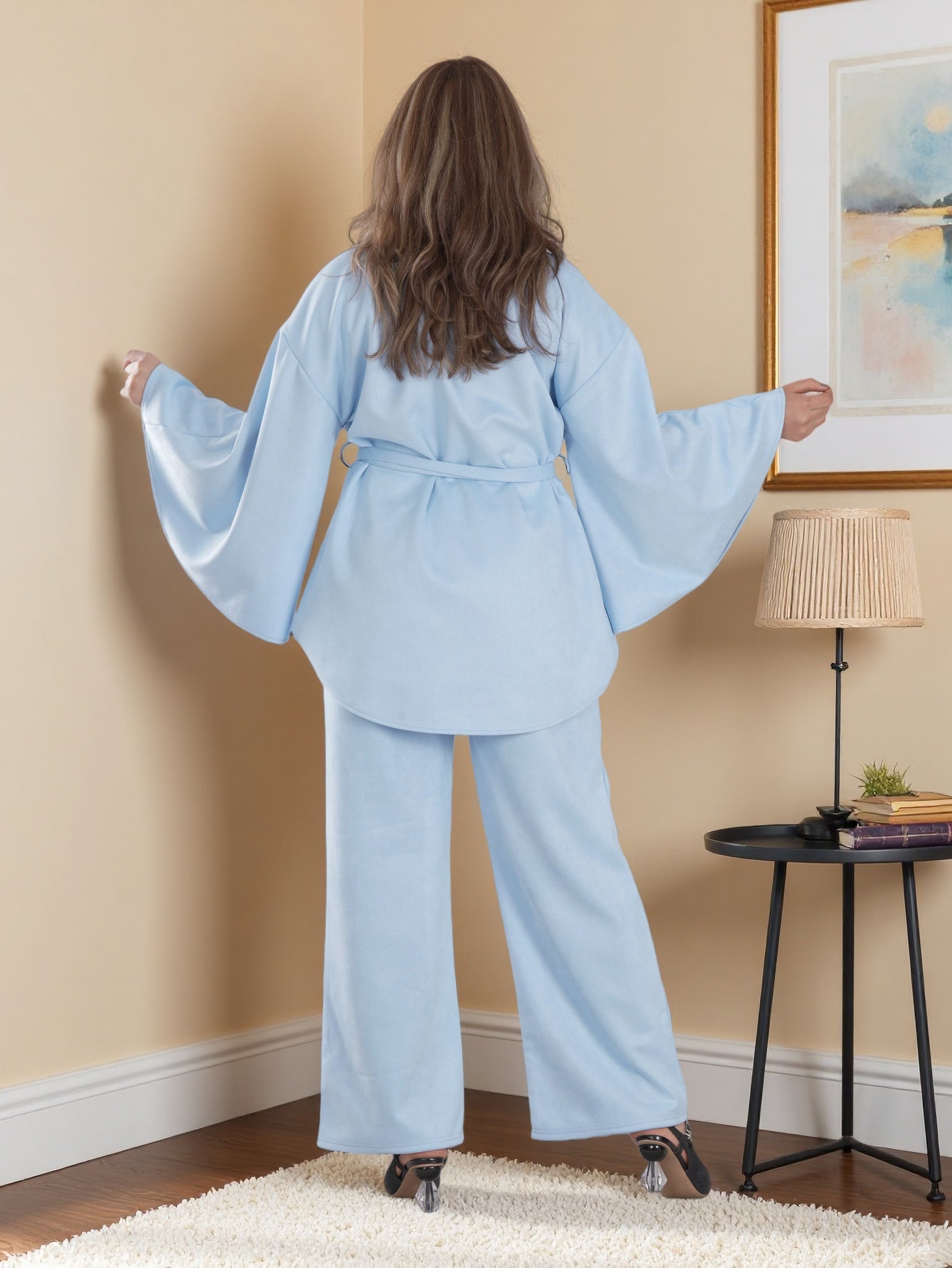 Modern Modest Suede Set for Women — High Neck Belted Abaya Style