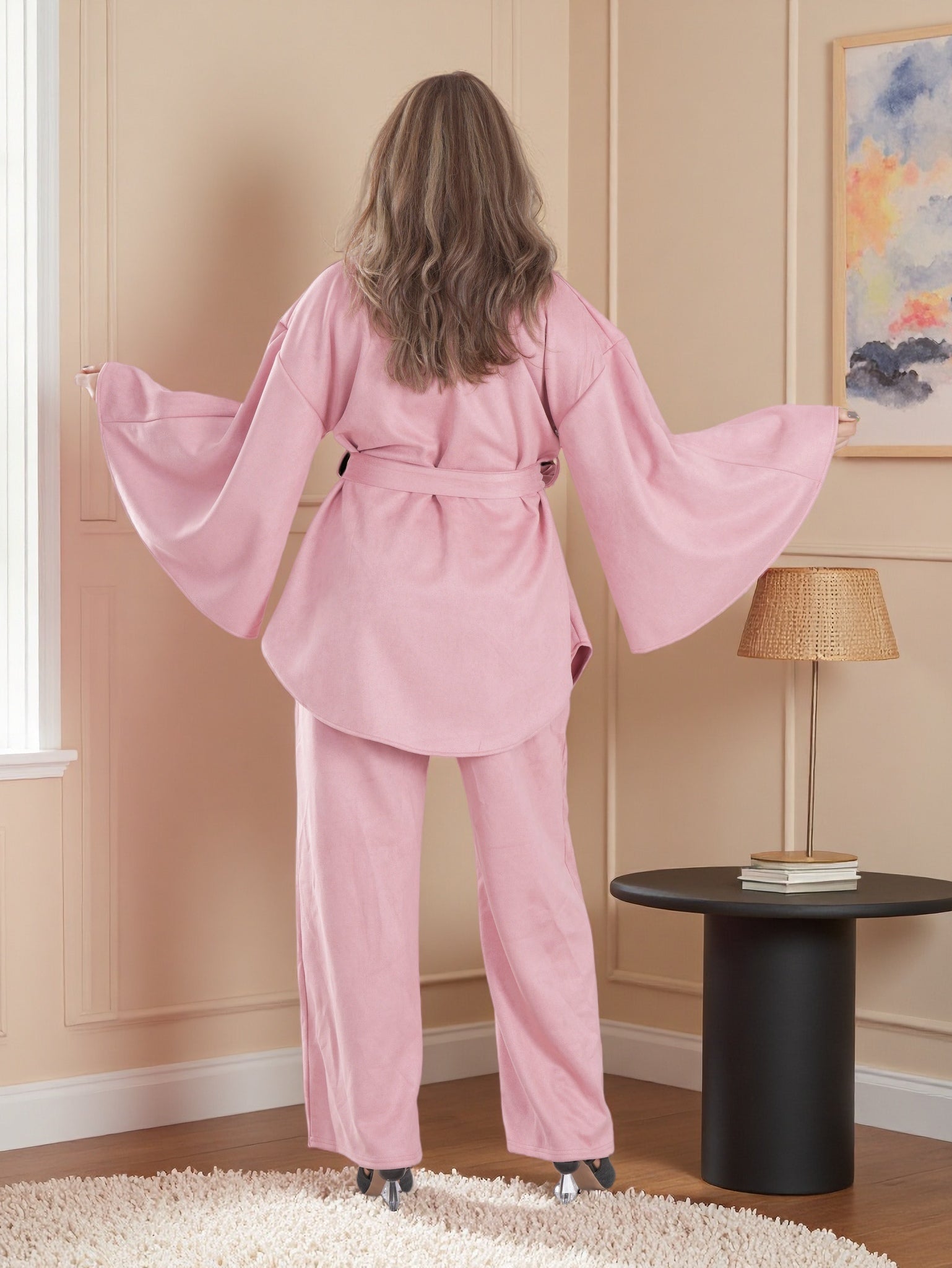 Modern Modest Suede Set for Women — High Neck Belted Abaya Style