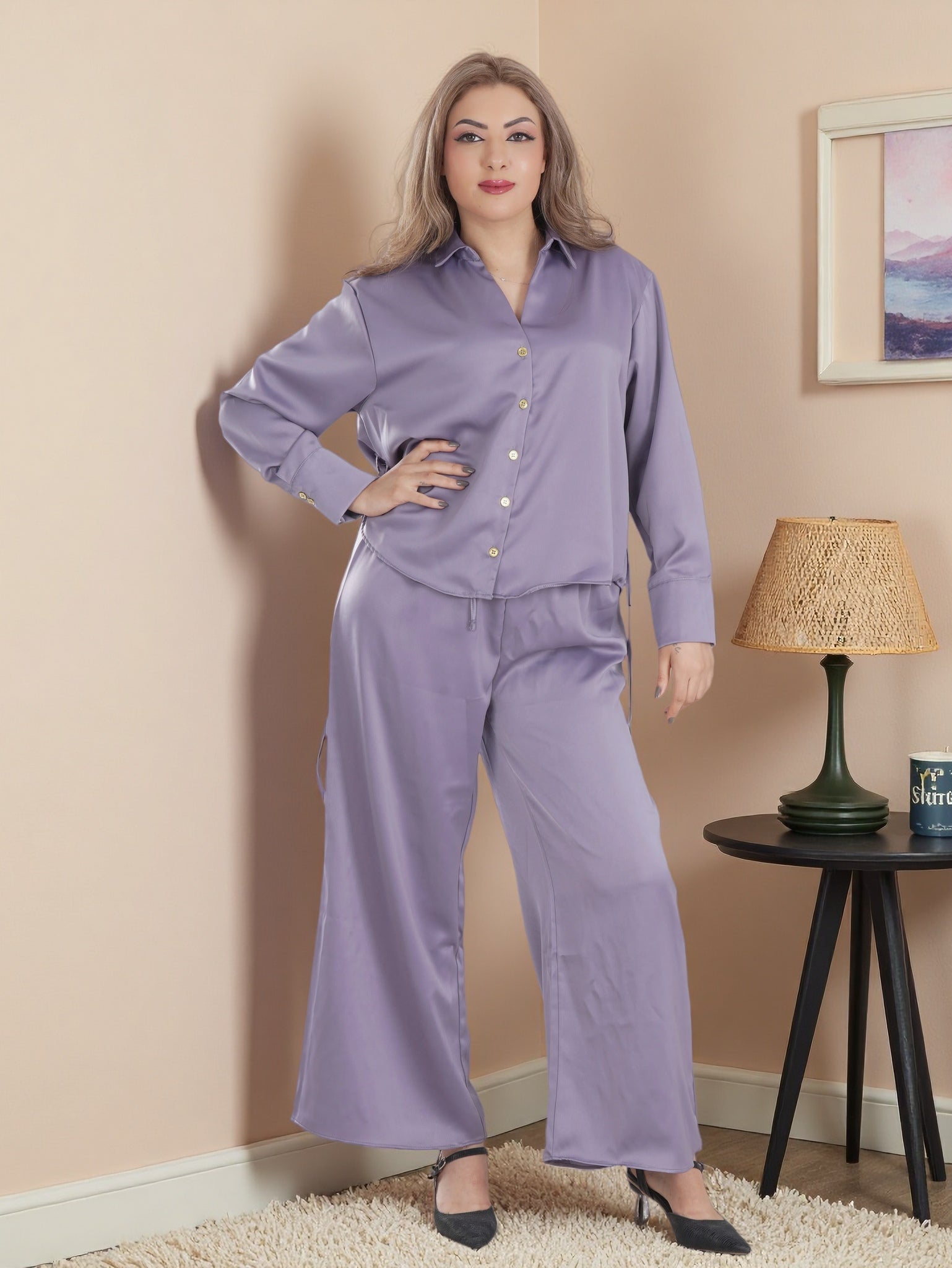 Women’s Premium Two-Piece Lounge Set | Long Sleeve Button Shirt & Wide-Leg Pants