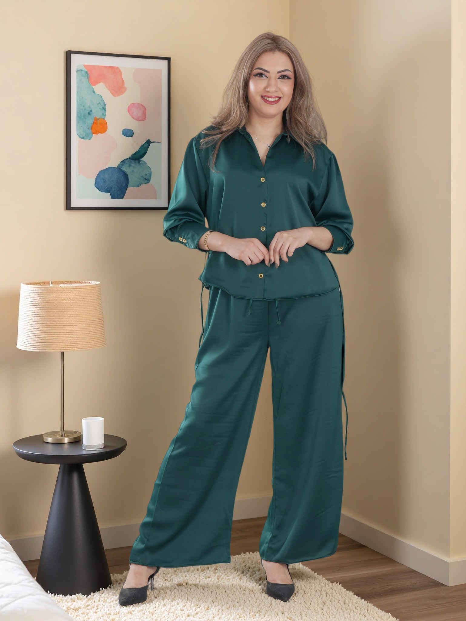 Women’s Premium Two-Piece Lounge Set | Long Sleeve Button Shirt & Wide-Leg Pants